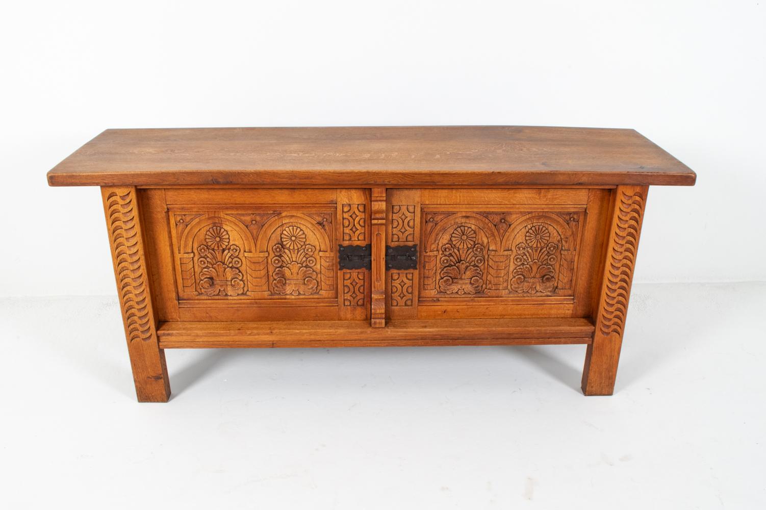 Kjaernulf Style Brutalist Danish Oak Sideboard, Circa 1970's In Good Condition For Sale In Norwalk, CT