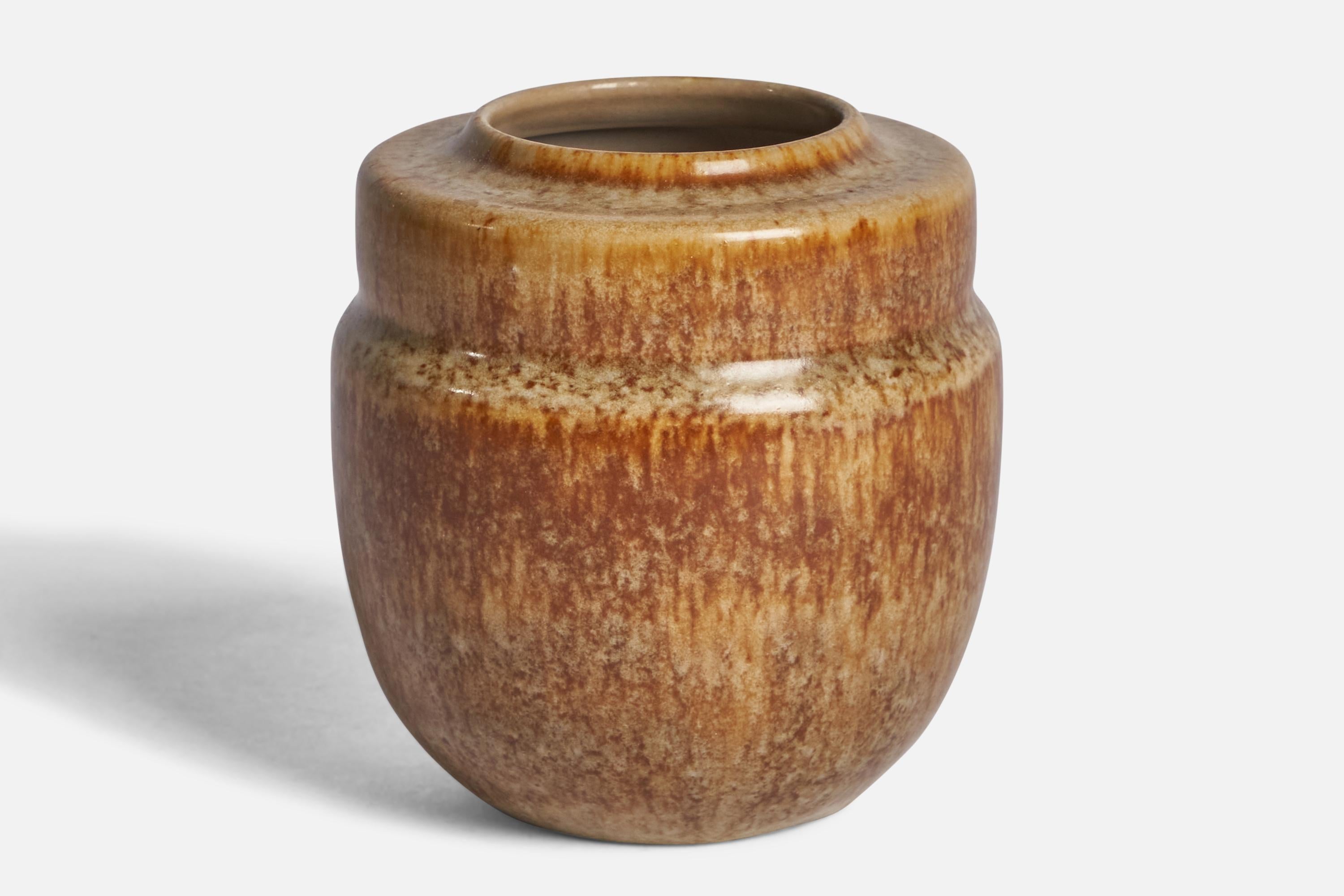 A beige and brown-glazed vase designed and produced by Kjell Bolinder, Höganäs, Sweden, 1969.