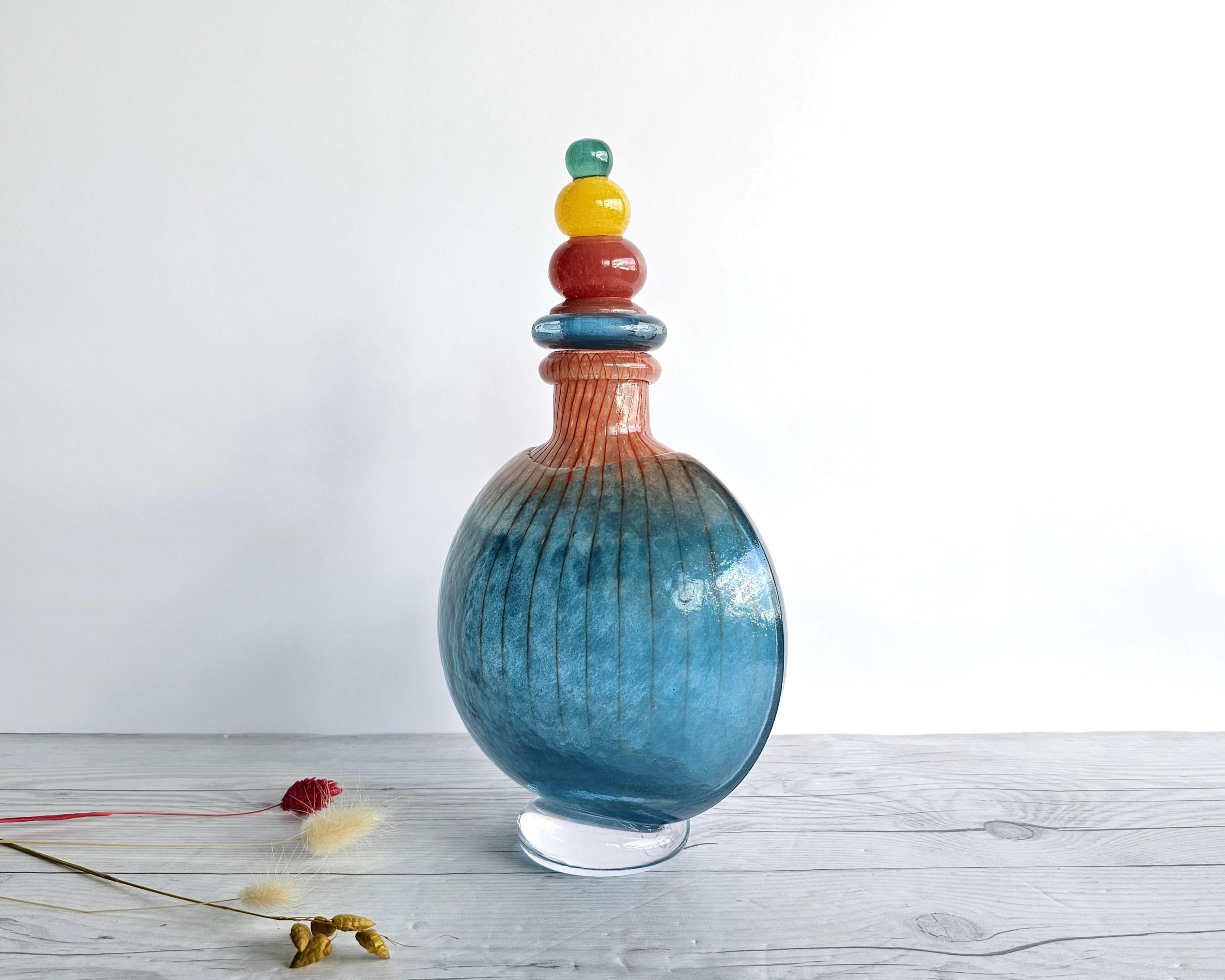 Hand-Crafted Kjell Engman 1989 'Bon Bon' Series, Kosta Boda, Sapphire and Coquelicot Decanter