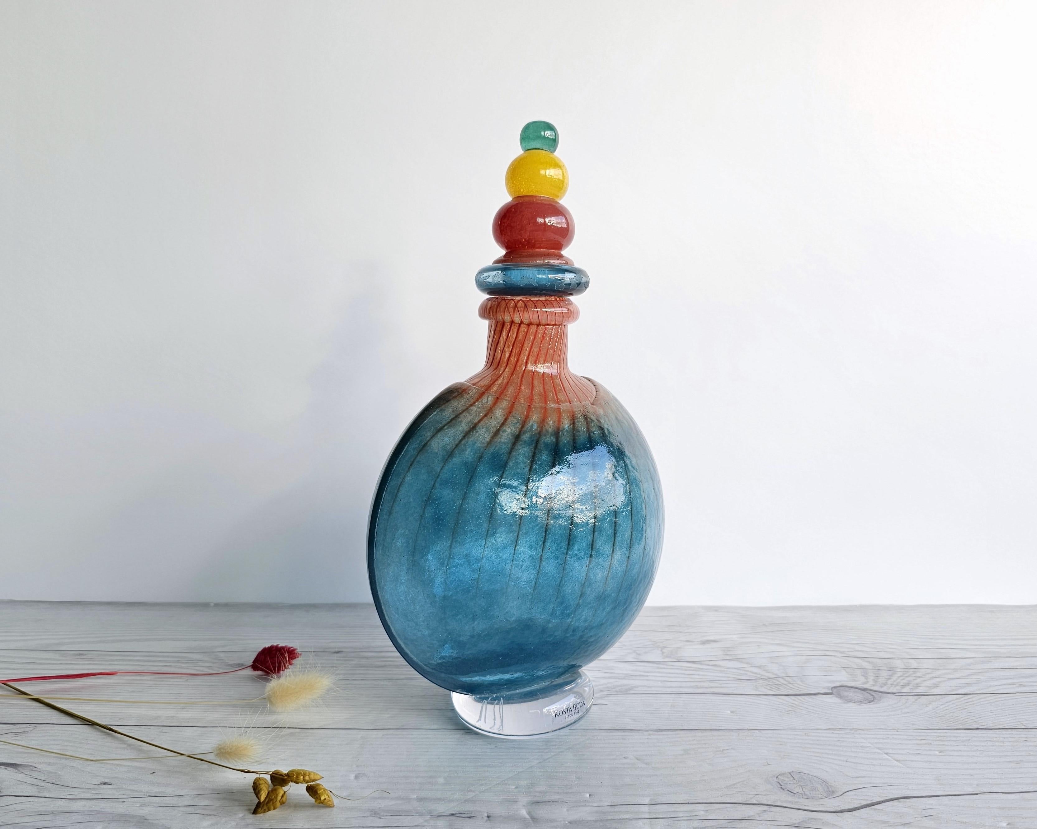 Art Glass Kjell Engman 1989 'Bon Bon' Series, Kosta Boda, Sapphire and Coquelicot Decanter