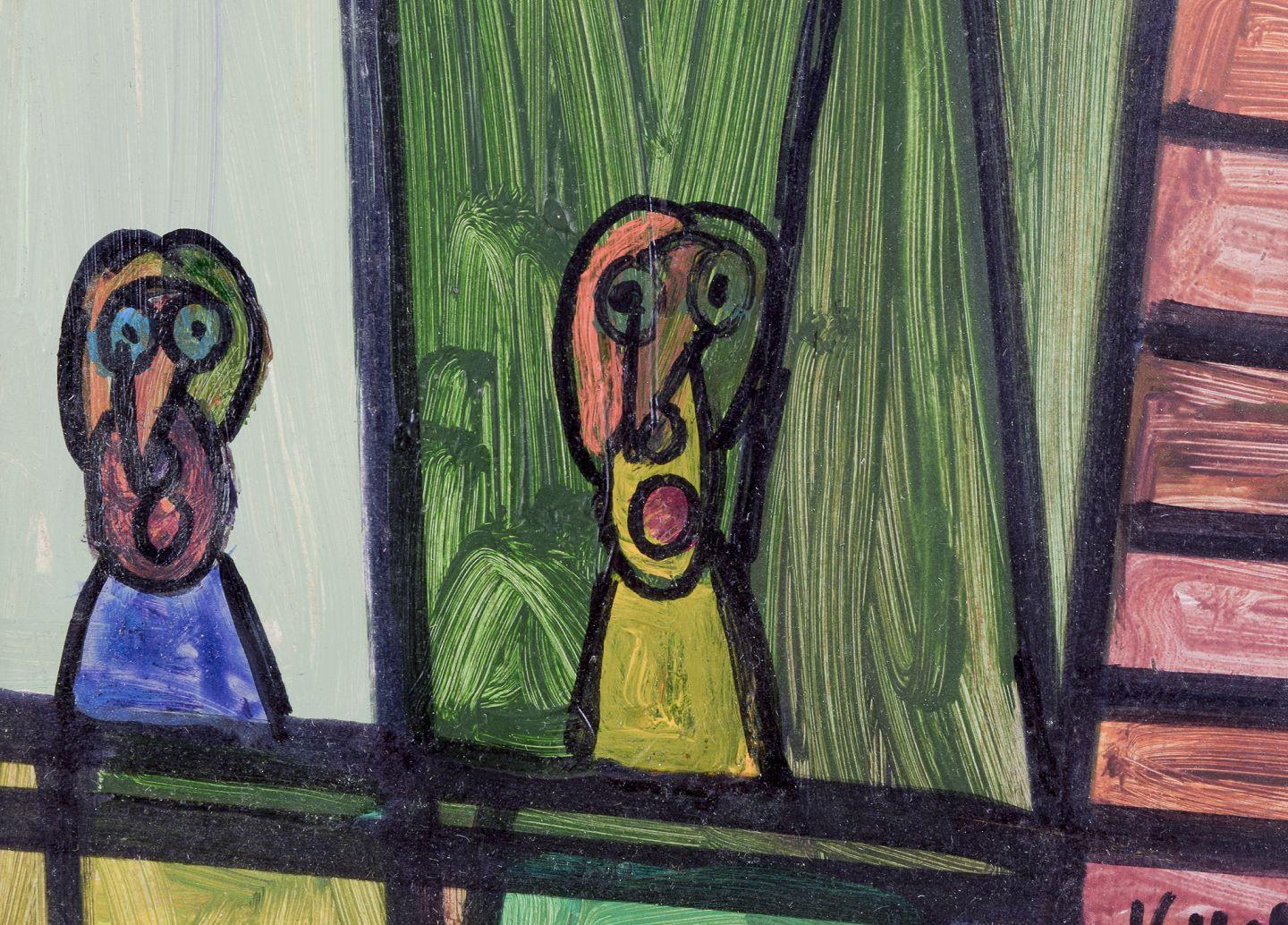 Kjell Hobjer, listed Swedish artist. Oil on panel. Abstract/naïve style. In Excellent Condition For Sale In Copenhagen, DK