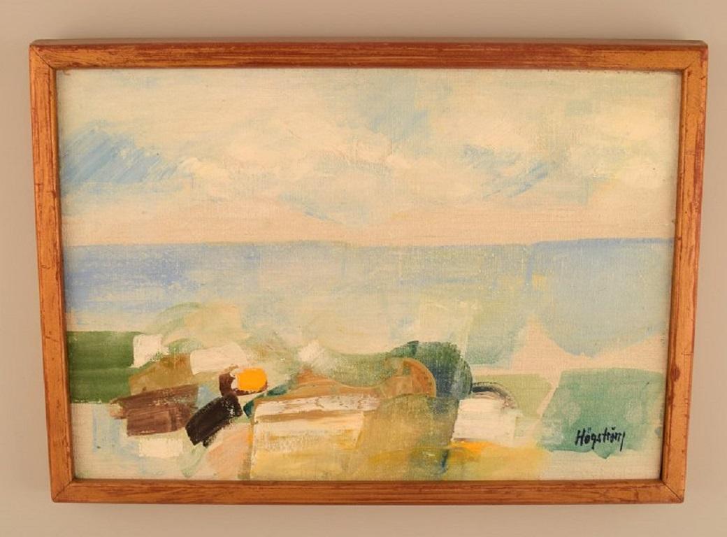 Kjell Högström (1930-2012), listed Swedish artist. 
Oil on canvas. 
Modernist landscape. 1960s / 70s.
The canvas measures: 35 x 24 cm.
The frame measures: 1.5 cm.
In excellent condition.
Signed.