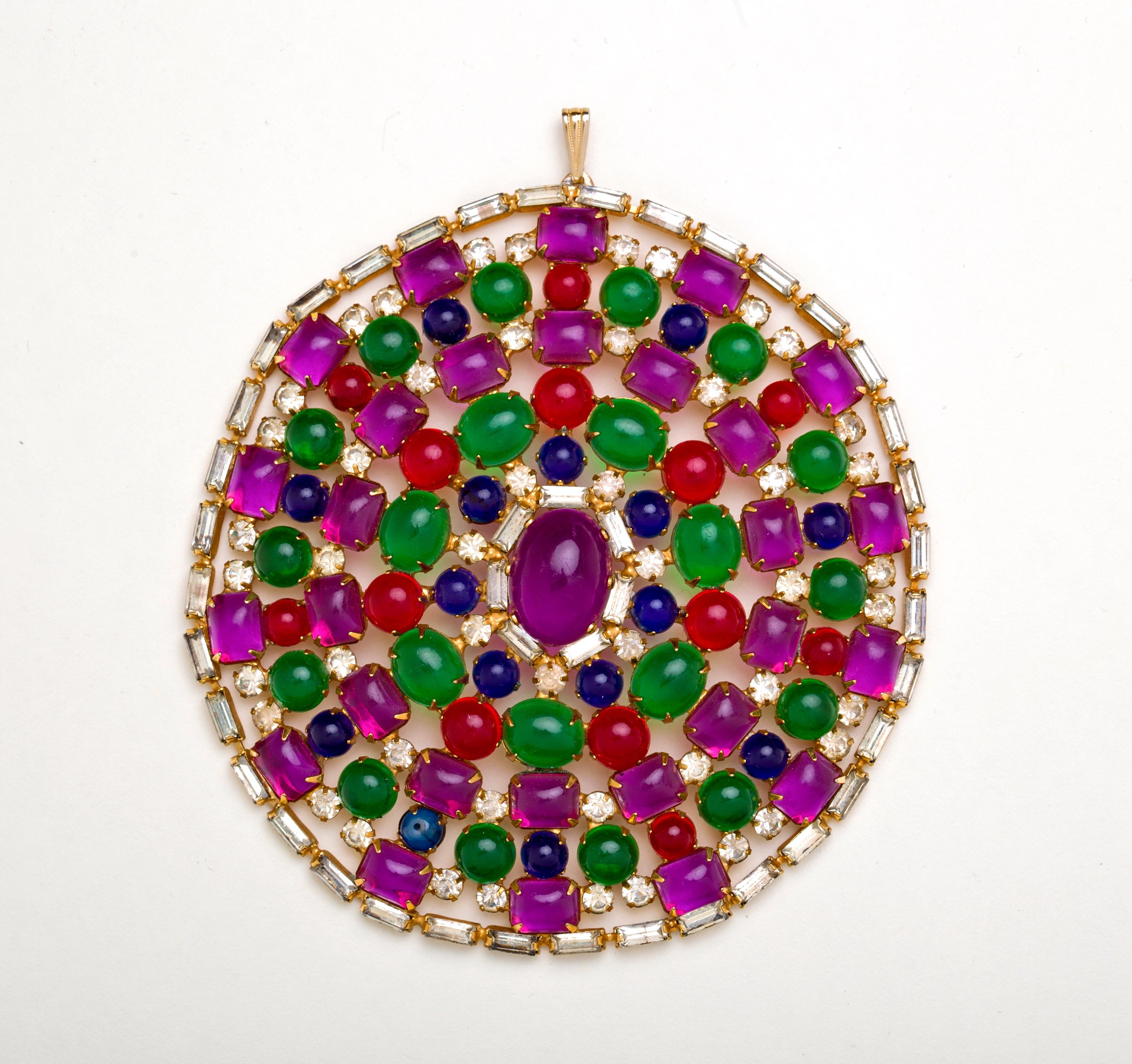 Stunning and colorful is this extra large K.J.L. Cabochon necklace from the K.J.L. workshop in Providence, 1967.  Faux Amethyst, ruby, sapphire and emerald cabochons, mounted round and baguette diamonds create this exceptional pendant.   A true