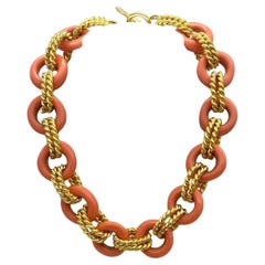 KJL Vintage Coral Resin and Gold Plate Chunky Link Necklace, 1980s