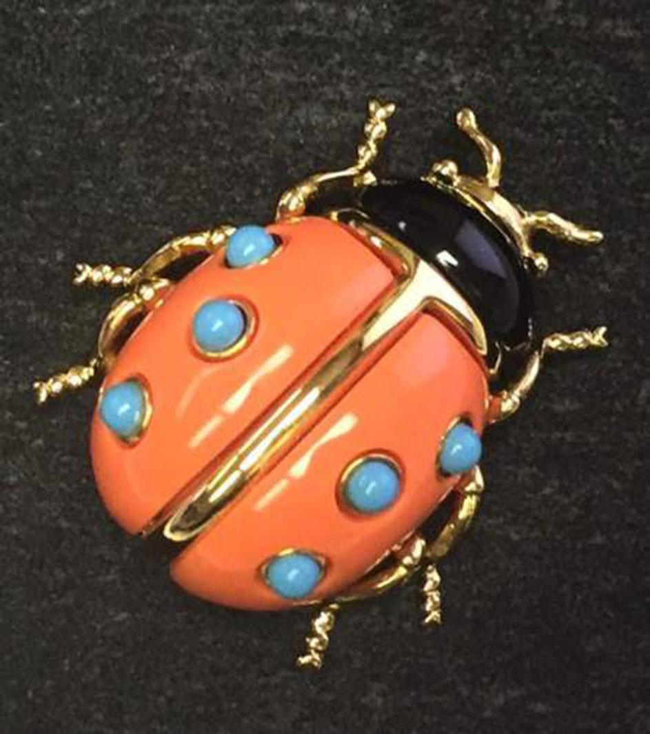 KJL Faux Coral and Turquoise Ladybug Gold tone Brooch Pin by Designer Kenneth Jay Lane. Signed on reverse: KJL. Chic and Timeless...Illuminating your look with a touch of Pizazz! 
