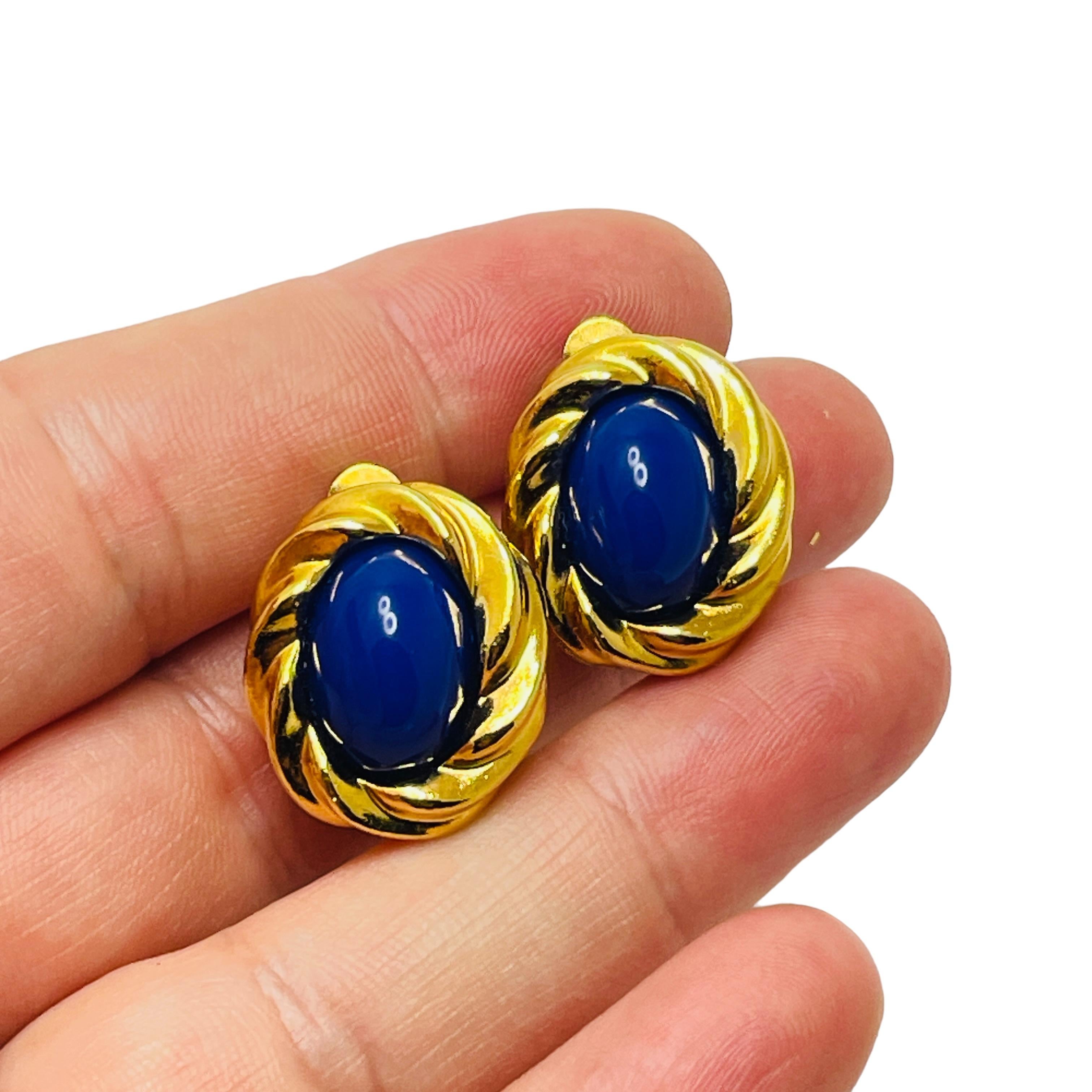 Women's KJL for AVON signed gold lapis designer clip on earrings For Sale