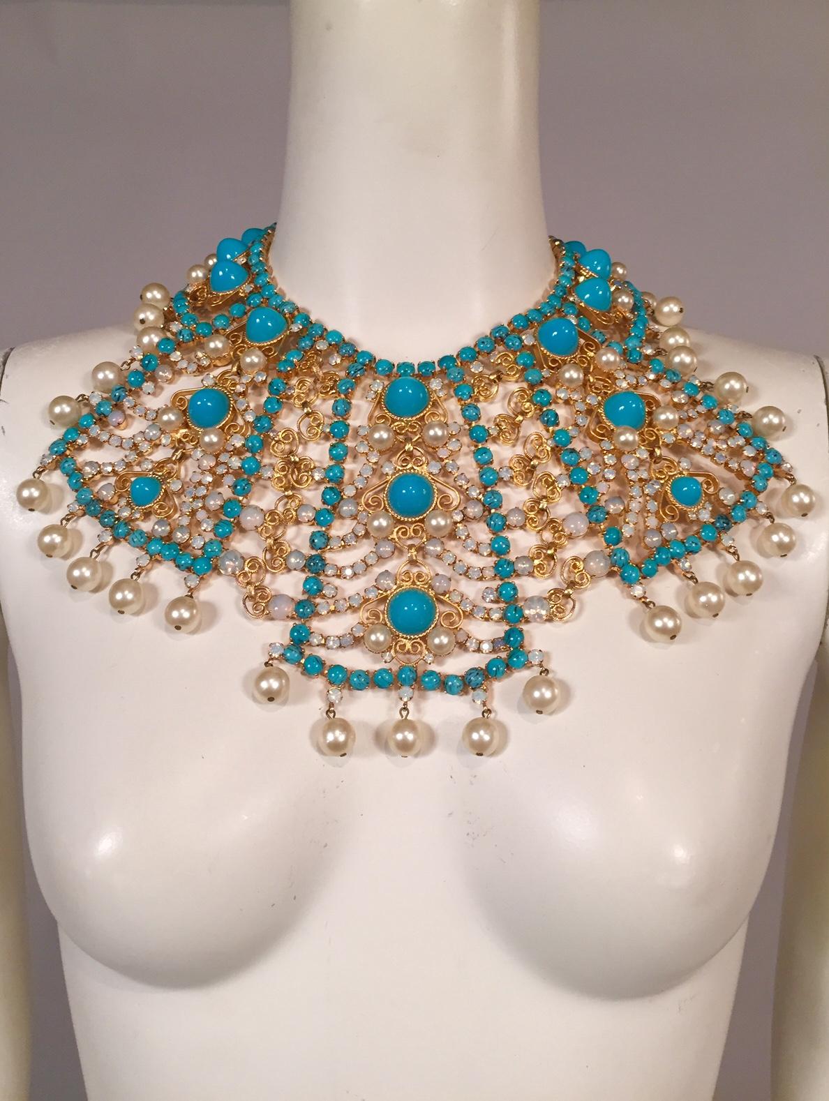 KJL Kenneth J Lane Impressive Bib Necklace Turquoise Moonstone and Pearl  In Excellent Condition In New Hope, PA