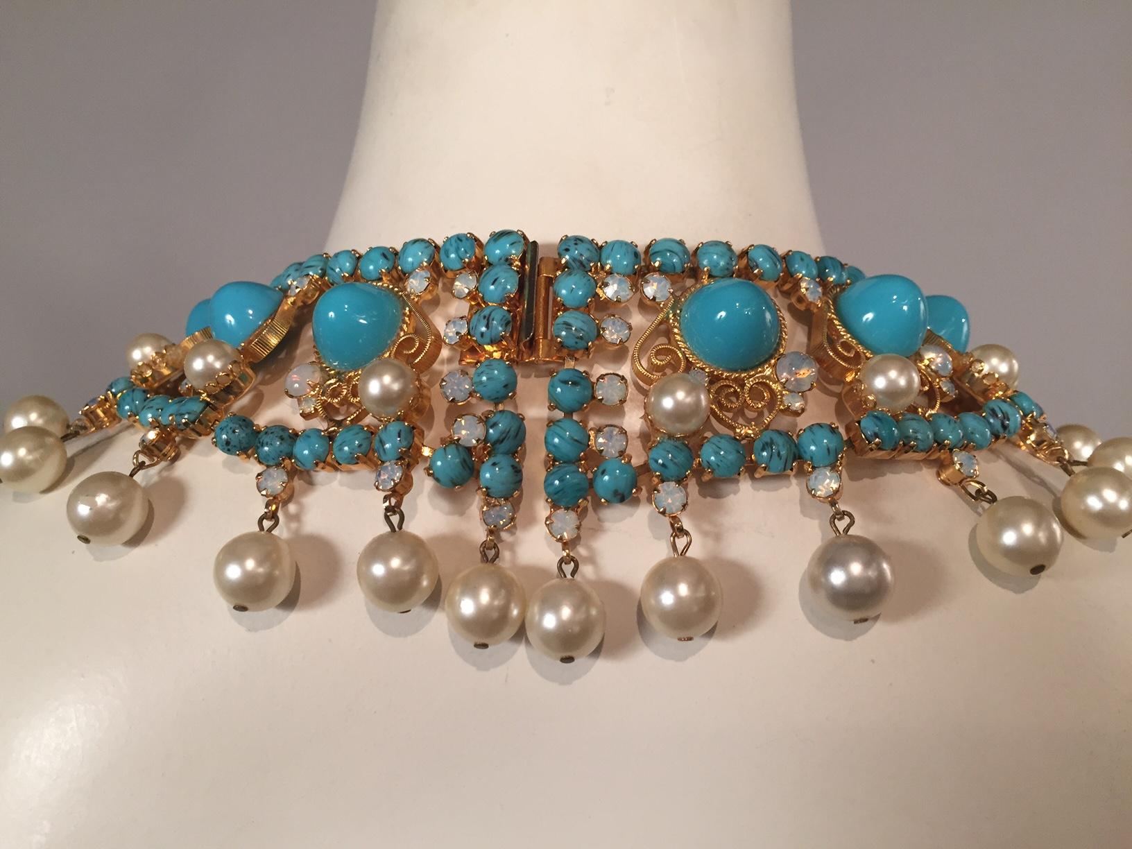 KJL Kenneth J Lane Impressive Bib Necklace Turquoise Moonstone and Pearl  2