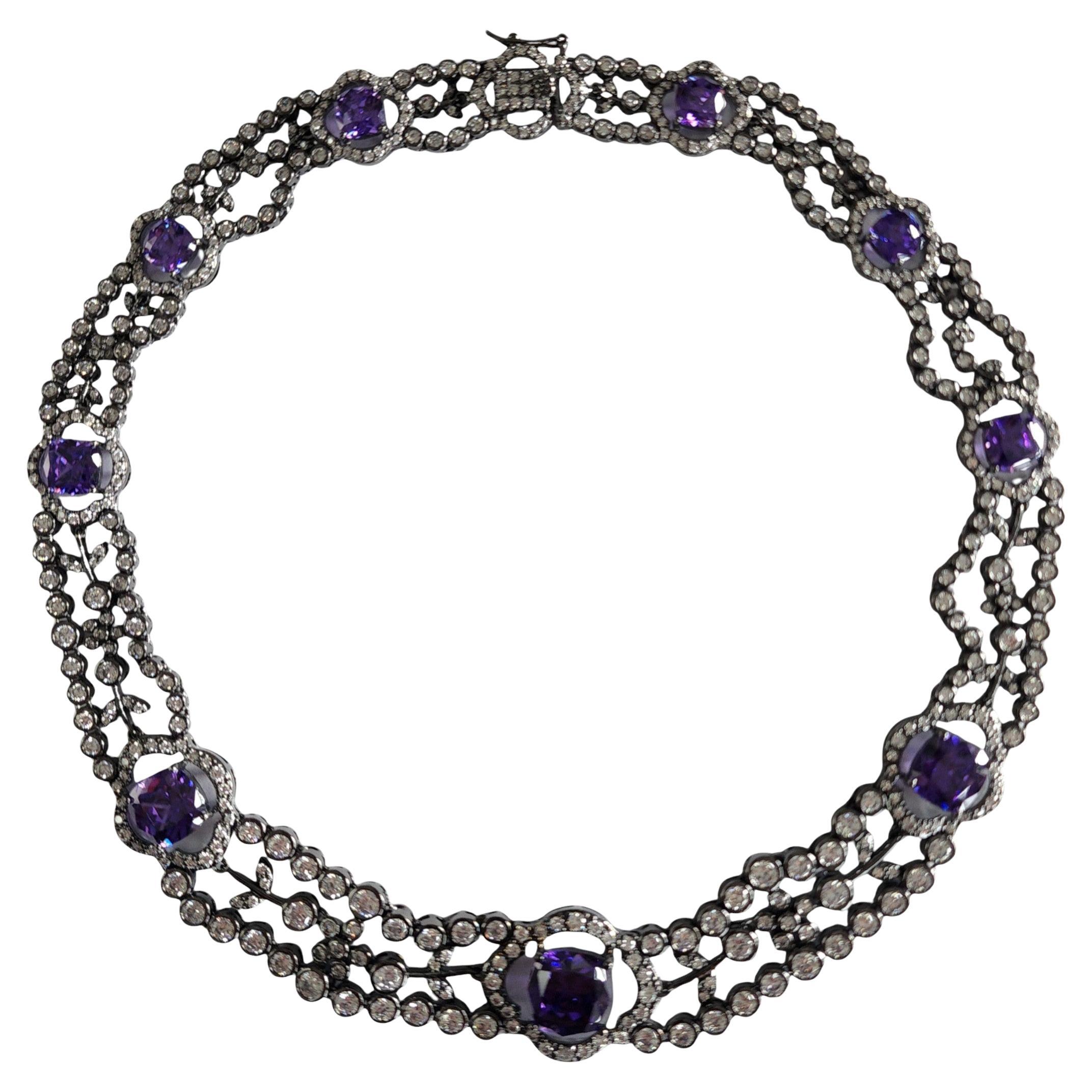 KJL Kenneth Jay Lane Amethyst Clear Cubic Zirconia Rhodium-Plated Bib Necklace