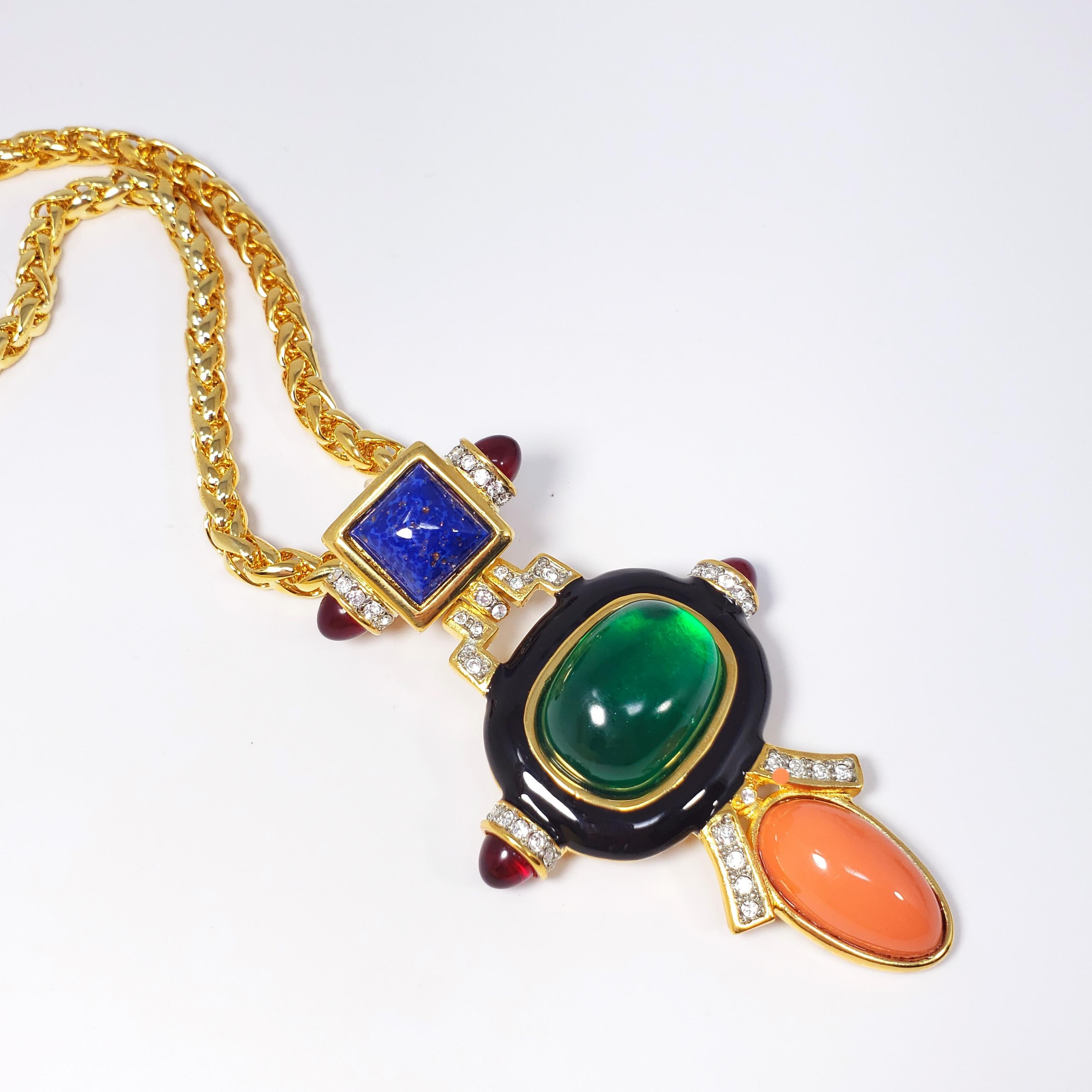 KJL Kenneth Jay Lane Art Deco Cabochon & Crystal Pendant Necklace on Gold Chain In New Condition In Milford, DE