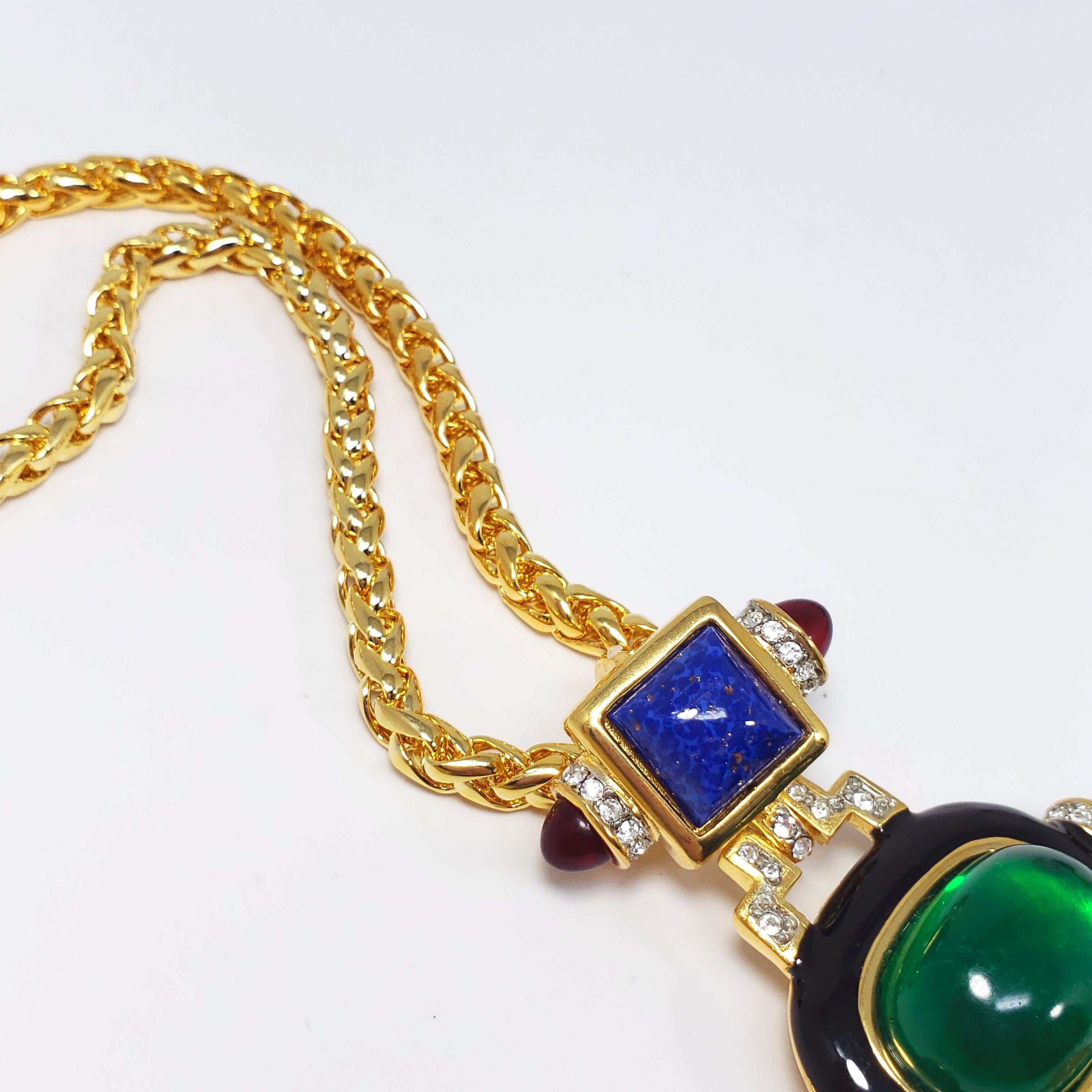 Women's KJL Kenneth Jay Lane Art Deco Cabochon & Crystal Pendant Necklace on Gold Chain