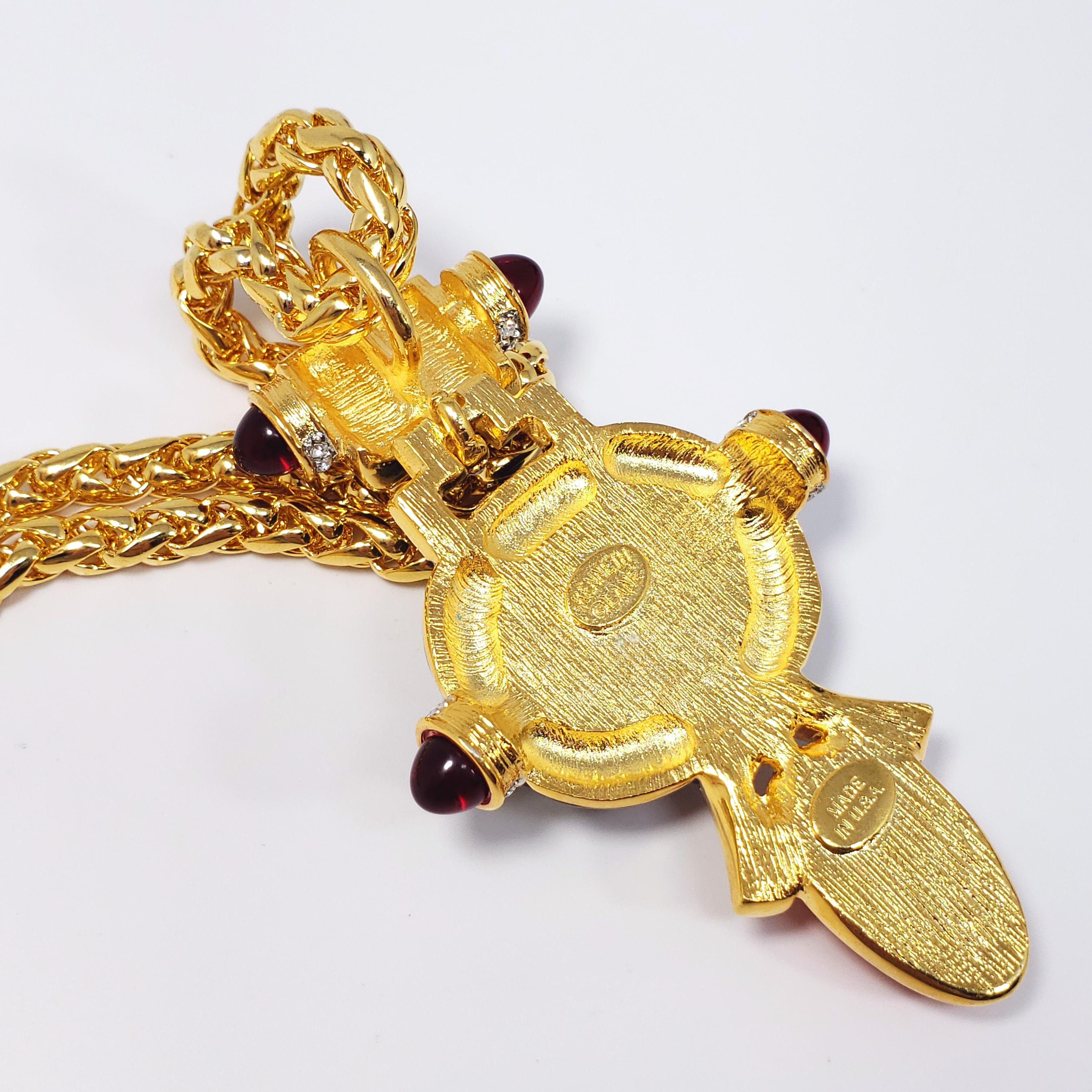 KJL Kenneth Jay Lane Art Deco Cabochon & Crystal Pendant Necklace on Gold Chain 3