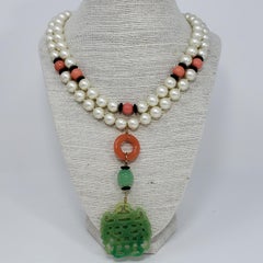 KJL Kenneth Jay Lane Art Deco Faux Jade Carved Pendant Faux Pearl Necklace