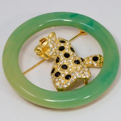 KJL Kenneth Jay Lane Art Deco Faux Jade Jeweled Leopard Cat Pin Brooch, Modern
