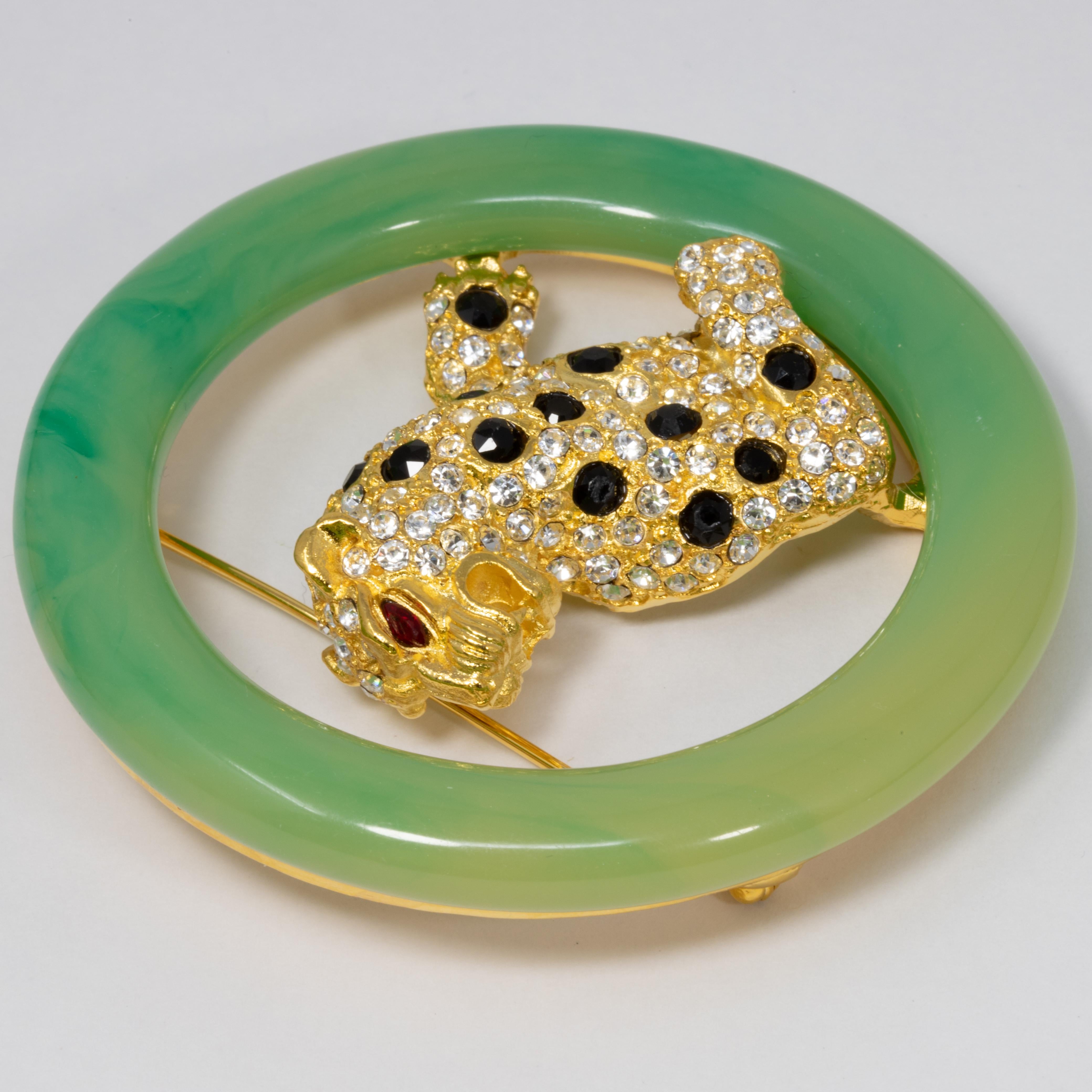 KJL Kenneth Jay Lane Art Deco Kunst Jade Juwelen Leopard Katzen Pin Brosche, Modern (Art déco) im Angebot
