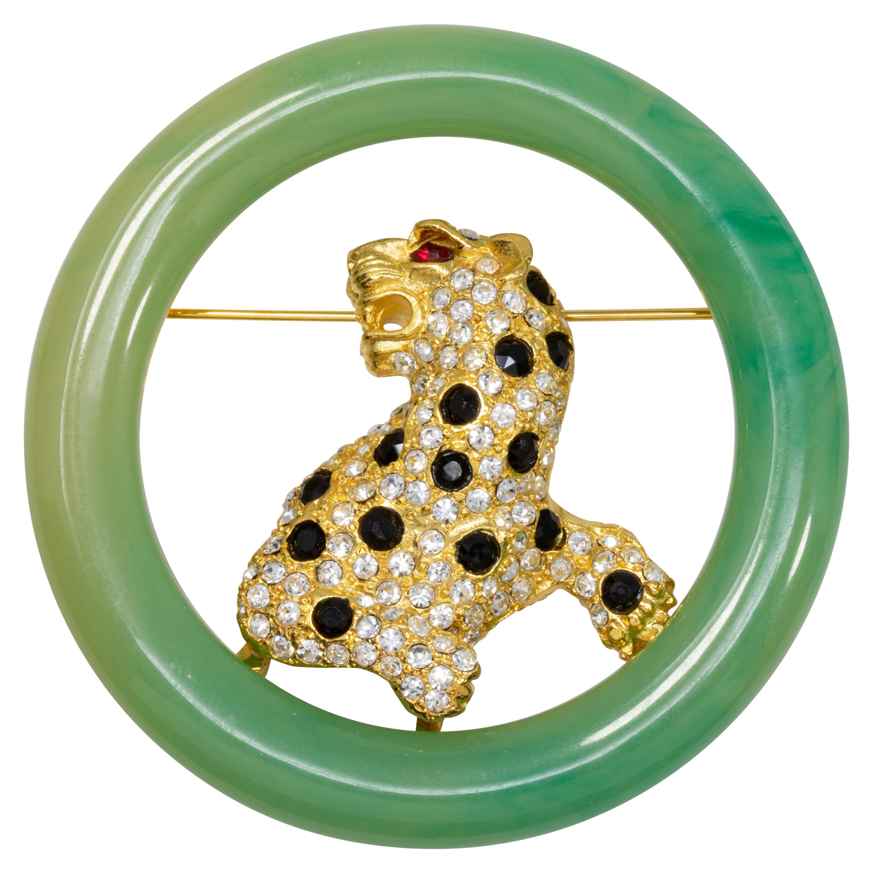 KJL Kenneth Jay Lane Art Deco Faux Jade Jeweled Leopard Cat Pin Brooch, Modern For Sale