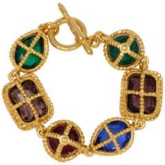 KJL Kenneth Jay Lane Gold Big Jewel Link Retro Toggle Clasp Bracelet