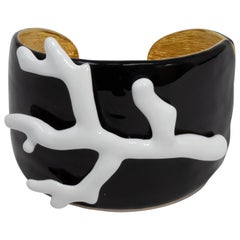 KJL Kenneth Jay Lane Black and White Enamel Faux Coral Branch Cuff Bracelet