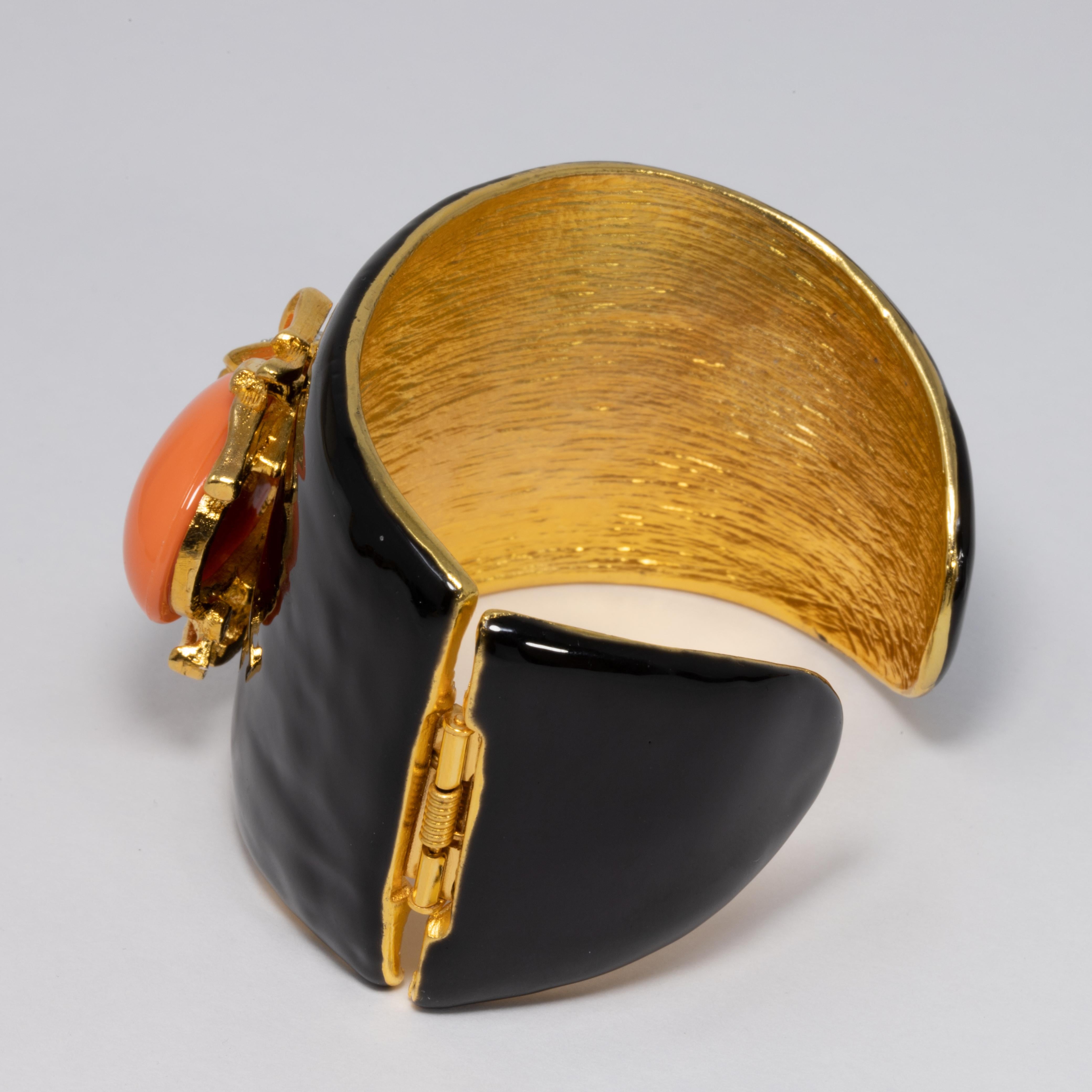 Women's or Men's KJL Kenneth Jay Lane Black Enamel Crystal and Resin Scarab Cuff Bracelet in Gold