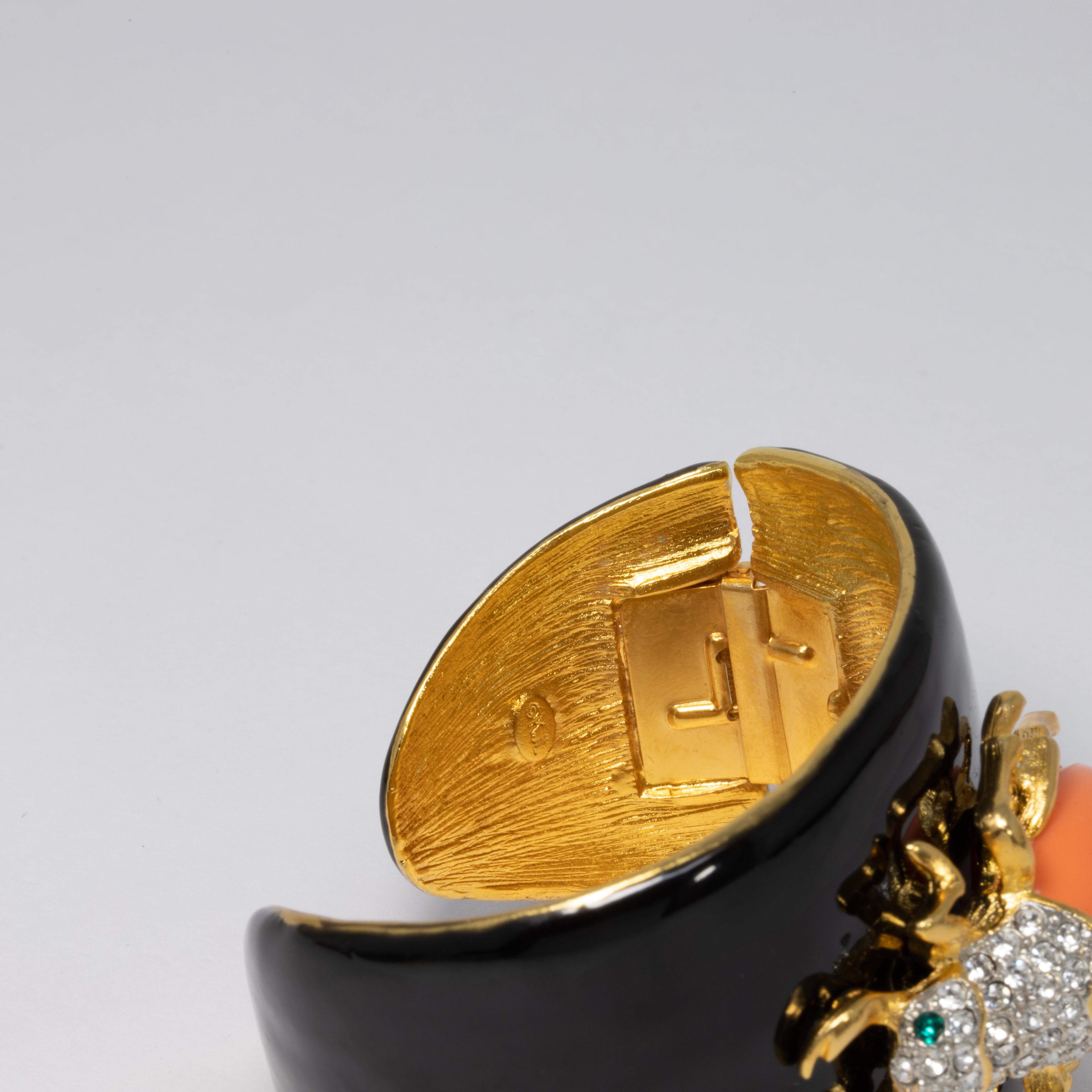 KJL Kenneth Jay Lane Black Enamel Crystal and Resin Scarab Cuff Bracelet in Gold 1