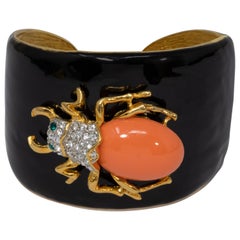 KJL Kenneth Jay Lane Black Enamel Crystal and Resin Scarab Cuff Bracelet in Gold