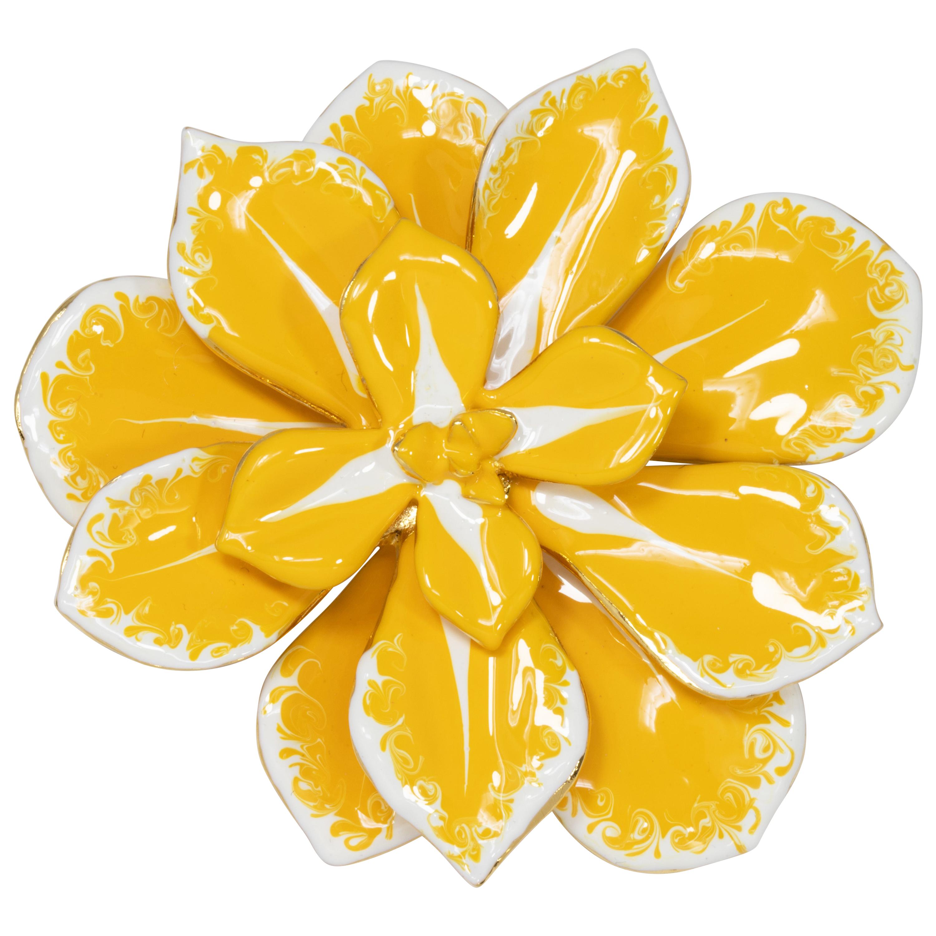 KJL Kenneth Jay Lane Blooming Flower Yellow and White Enamel Pin Brooch in Gold For Sale