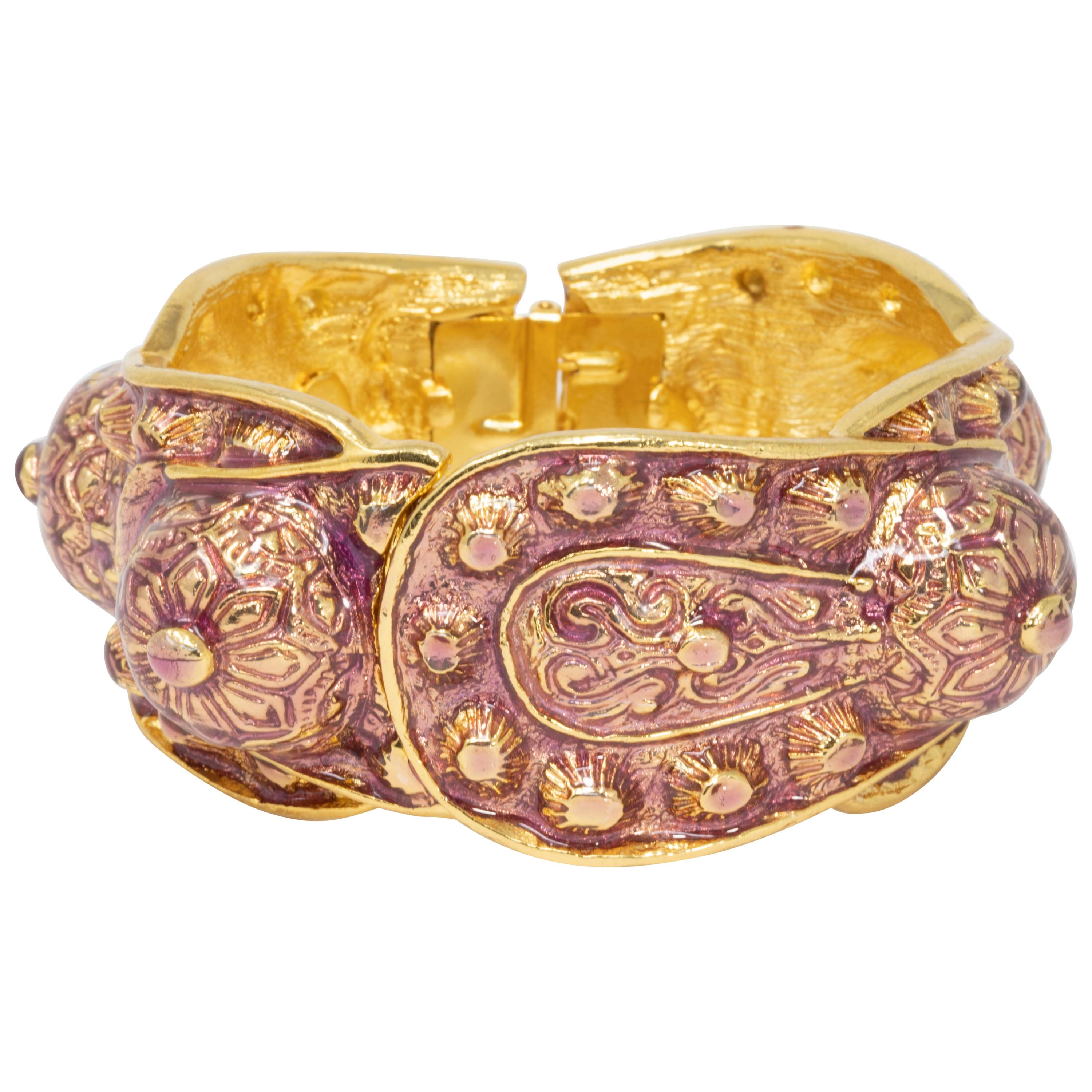 KJL Kenneth Jay Lane Blush Purple Enamel Ornate Gold Bangle Bracelet