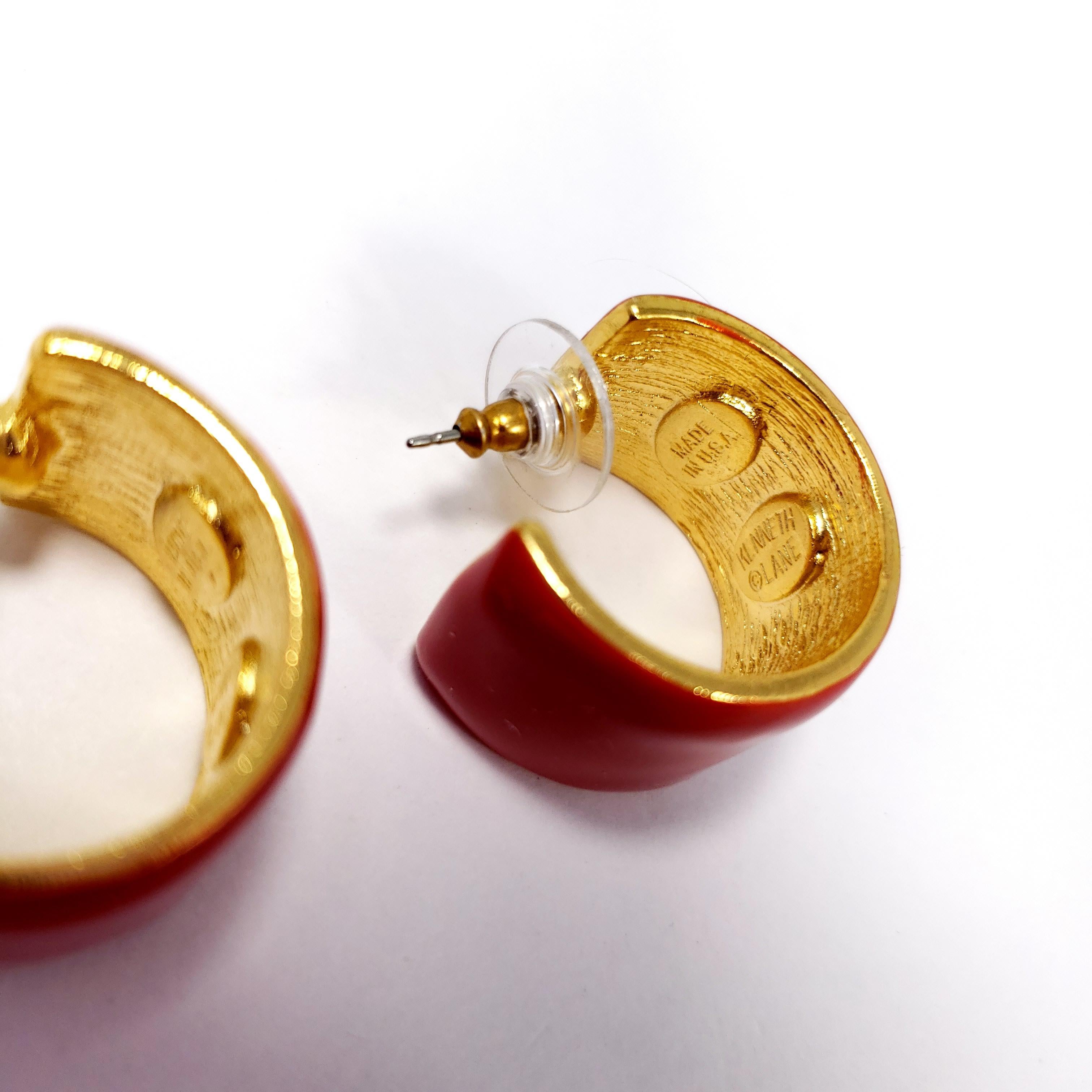 Women's or Men's KJL Kenneth Jay Lane Cherry Red Enamel Hoop Style Earrings in Gold, Post Back