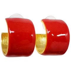 KJL Kenneth Jay Lane Cherry Red Enamel Hoop Style Earrings in Gold, Post Back