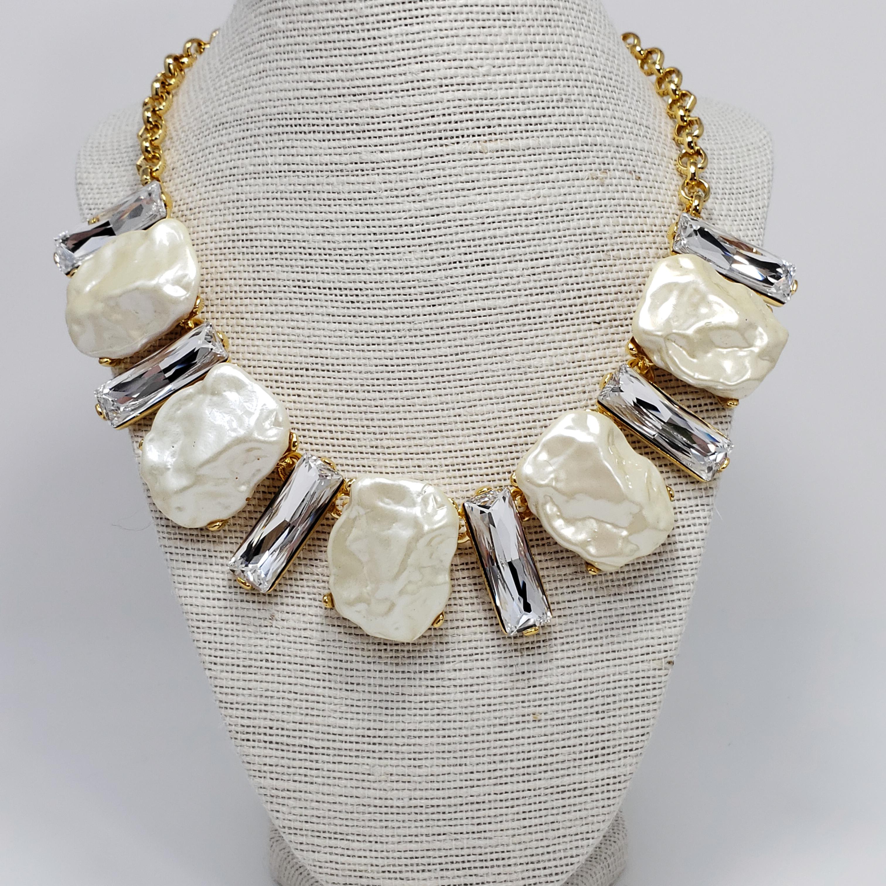 KJL Kenneth Jay Lane Clear Crystal and Faux Mother of Pearl Gold 