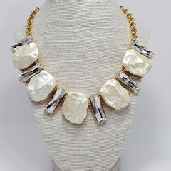 KJL Kenneth Jay Lane Clear Crystal and Faux Mother of Pearl Gold Collar Necklace