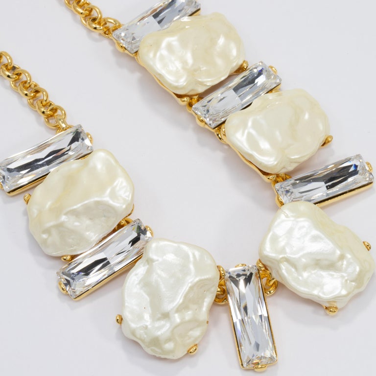 KJL Kenneth Jay Lane Clear Crystal and Faux Mother of Pearl Gold Collar Necklace In New Condition For Sale In Milford, DE