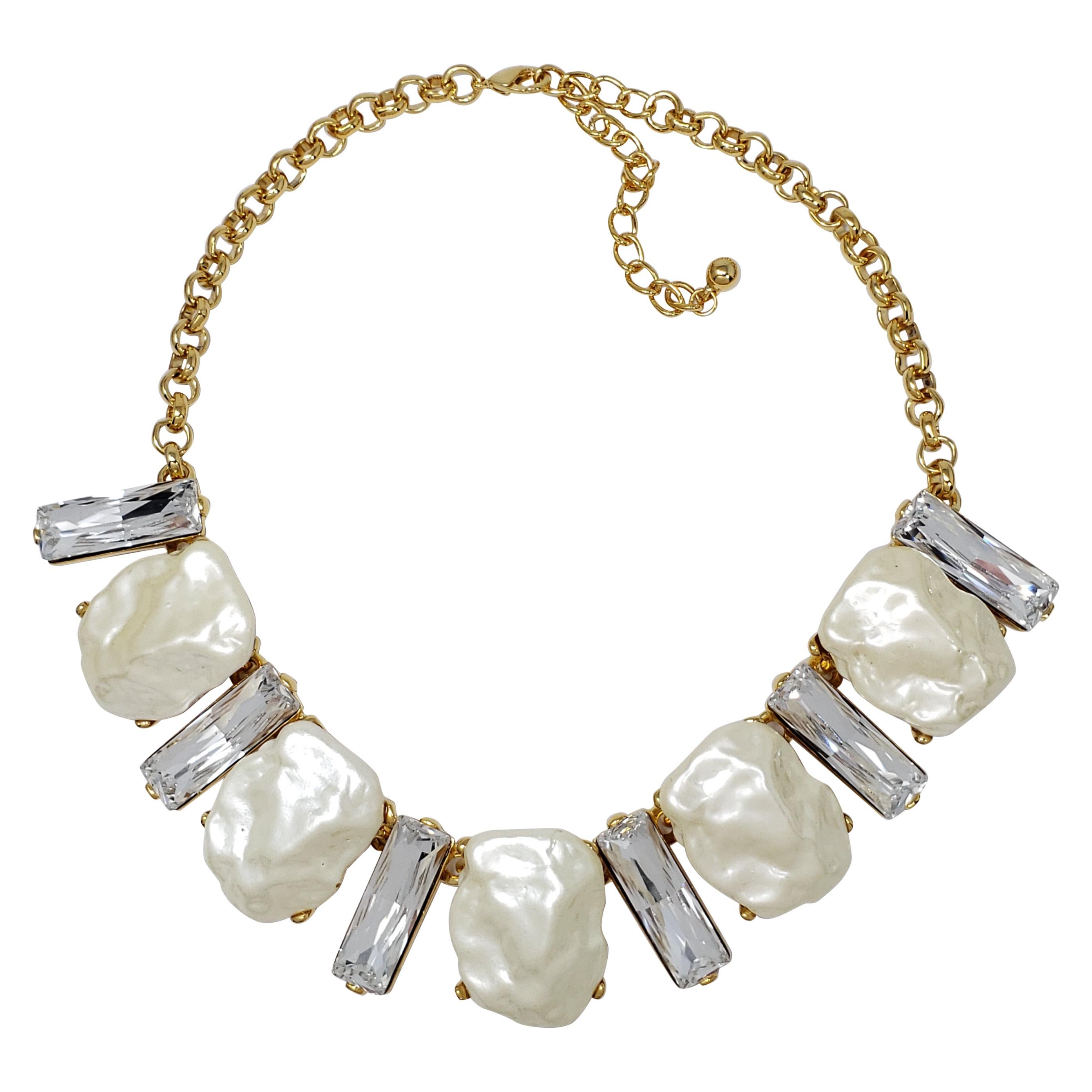 KJL Kenneth Jay Lane Clear Crystal and Faux Mother of Pearl Gold Collar Necklace