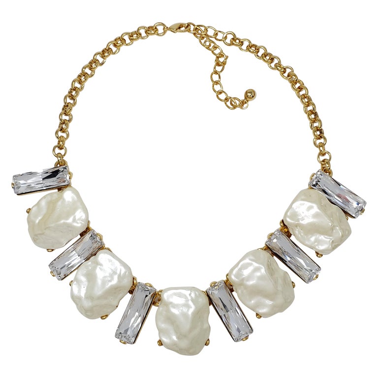 KJL Kenneth Jay Lane Clear Crystal and Faux Mother of Pearl Gold Collar Necklace For Sale