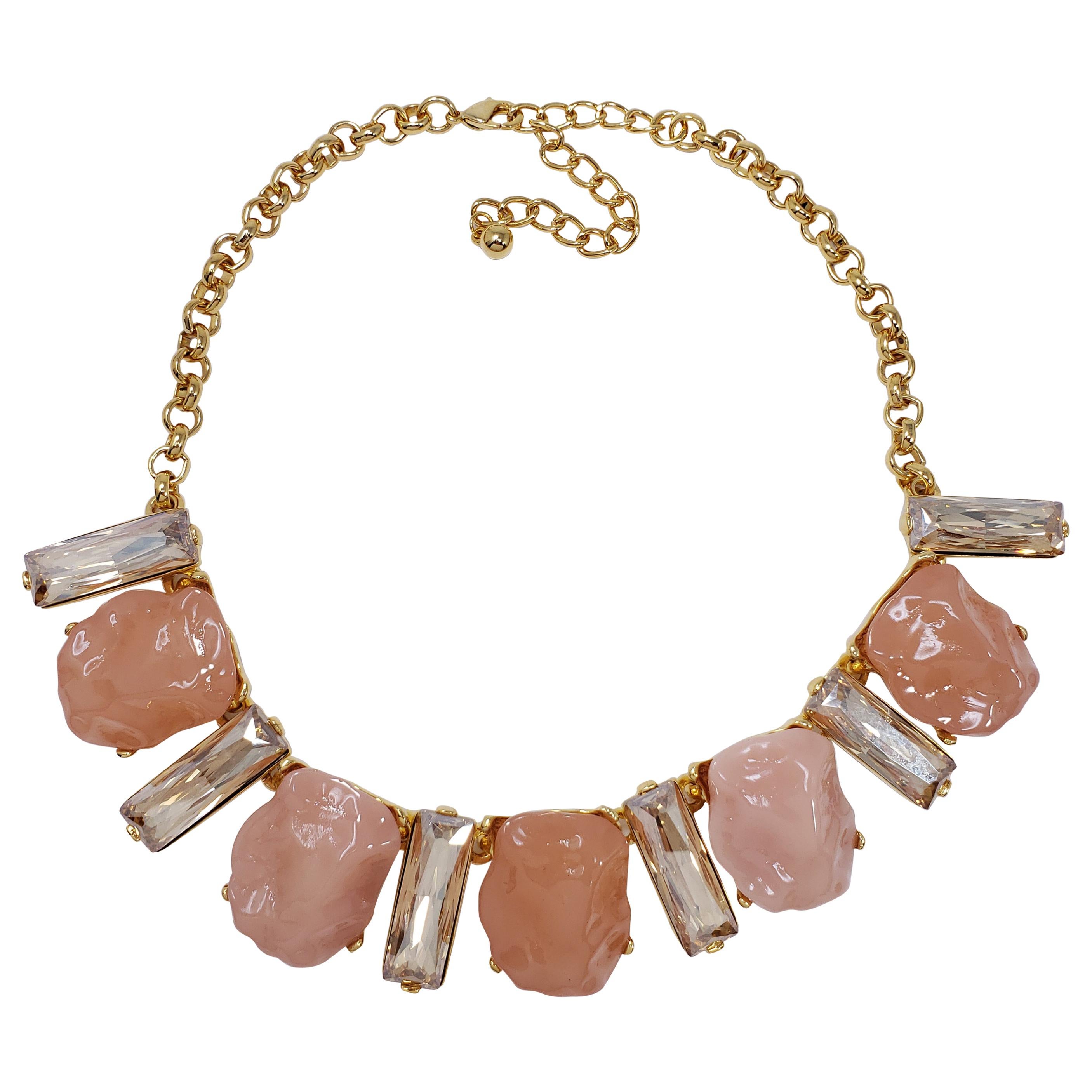 KJL Kenneth Jay Lane Clear Crystal and Pink Rock Gold Collar Necklace For Sale