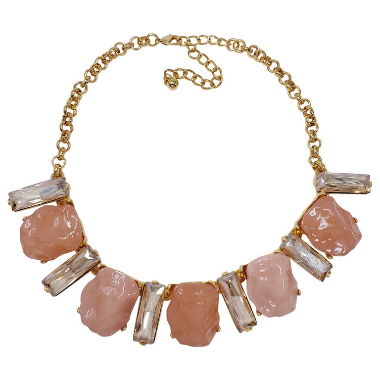 KJL Kenneth Jay Lane Clear Crystal and Pink Rock Gold Collar Necklace For Sale