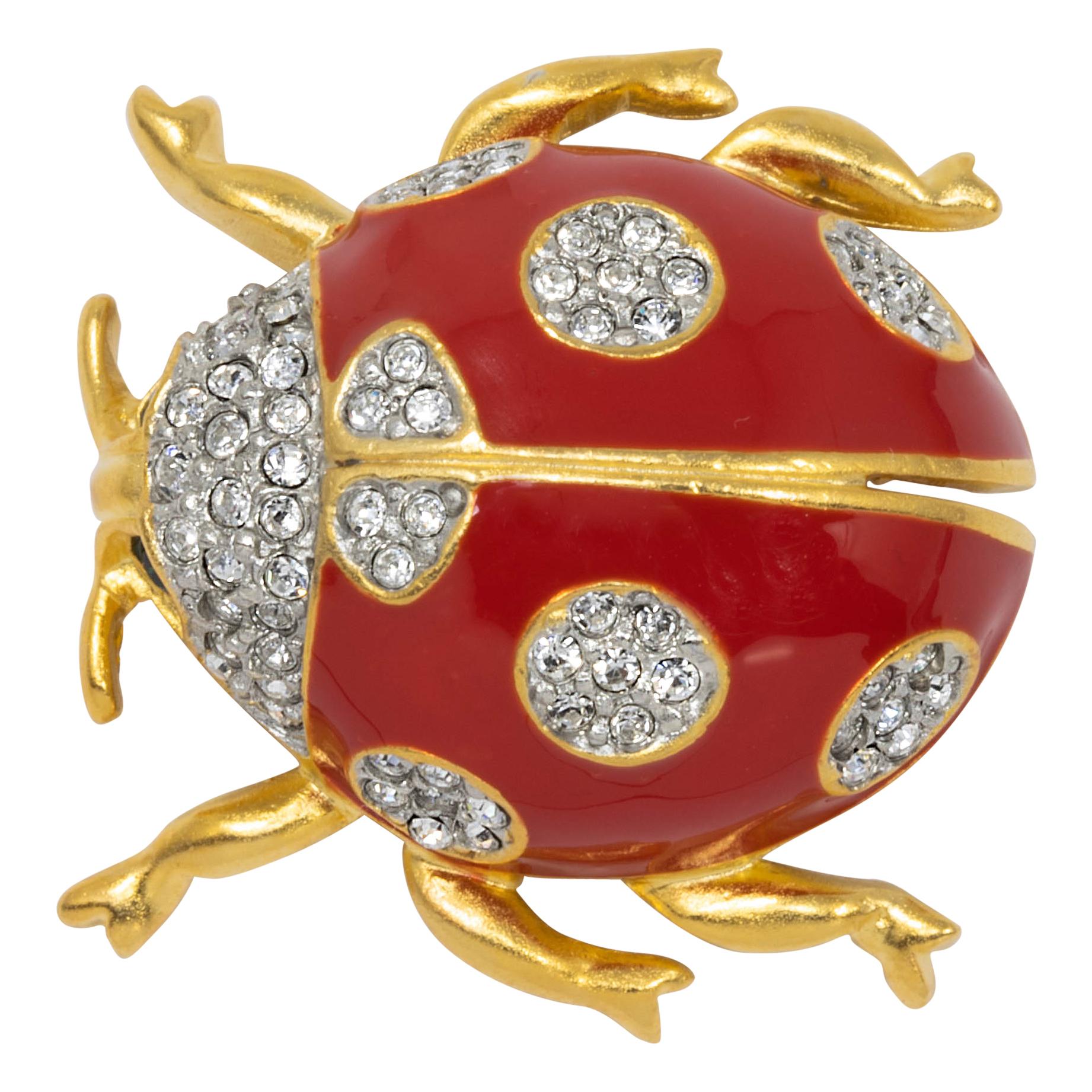 KJL Kenneth Jay Lane Gold Lady Bug Pin, Clear Crystals, Red and Black Enamel