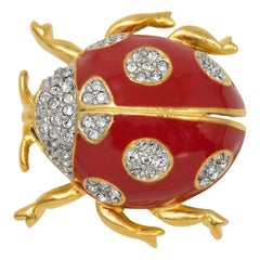 KJL Kenneth Jay Lane Gold Lady Bug Pin, Clear Crystals, Red and Black Enamel