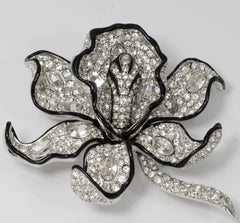 KJL Kenneth Jay Lane Clear Crystal Leaf Pin Brooch in Silver, Black Enamel Trim