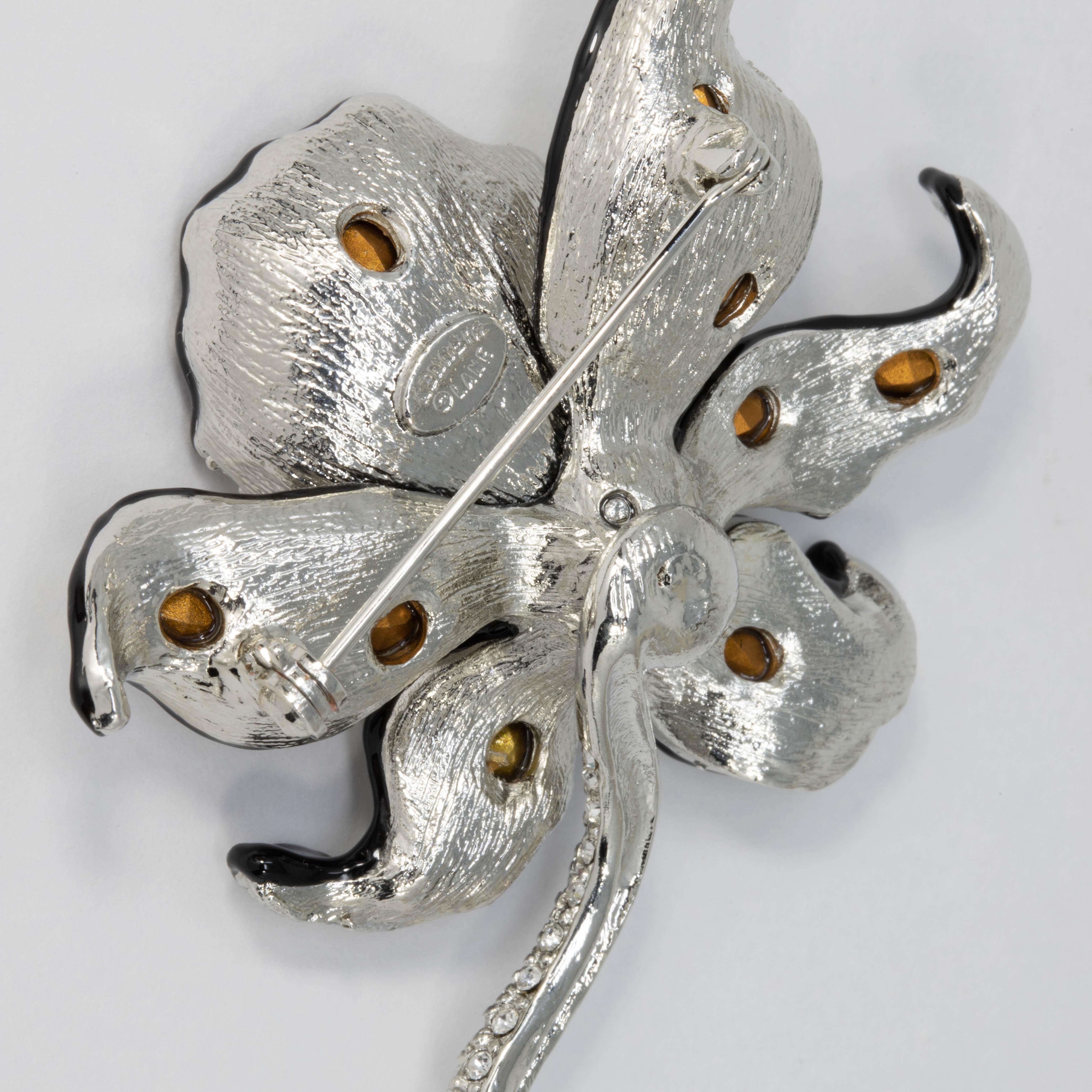 Women's KJL Kenneth Jay Lane Clear Crystal Leaf Pin Brooch in Silver, Black Enamel Trim
