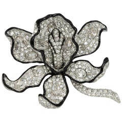 KJL Kenneth Jay Lane Clear Crystal Leaf Pin Brooch in Silver, Black Enamel Trim