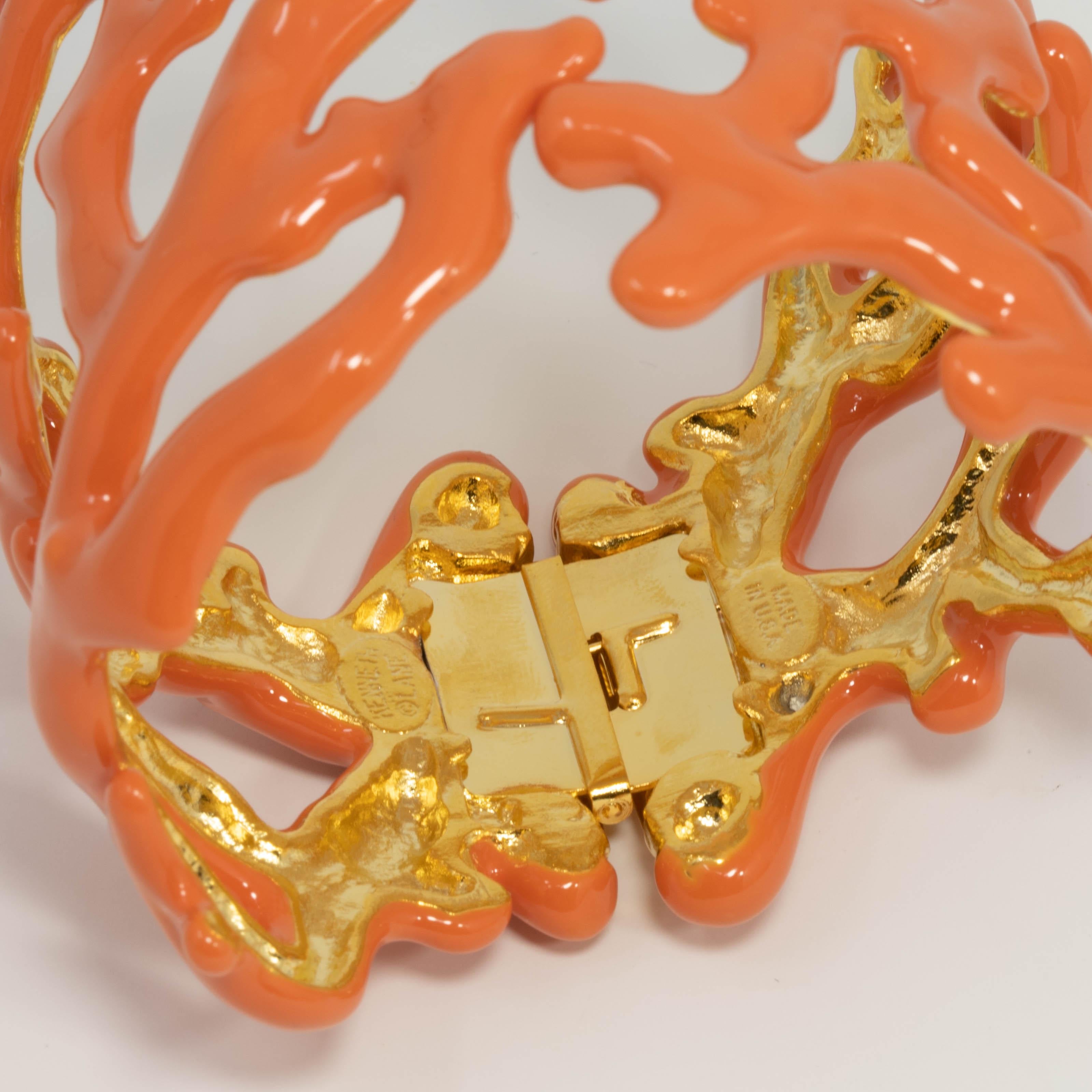 KJL Kenneth Jay Lane Gold Coral Branch Enamel Soft Orange Cuff Bracelet In New Condition In Milford, DE