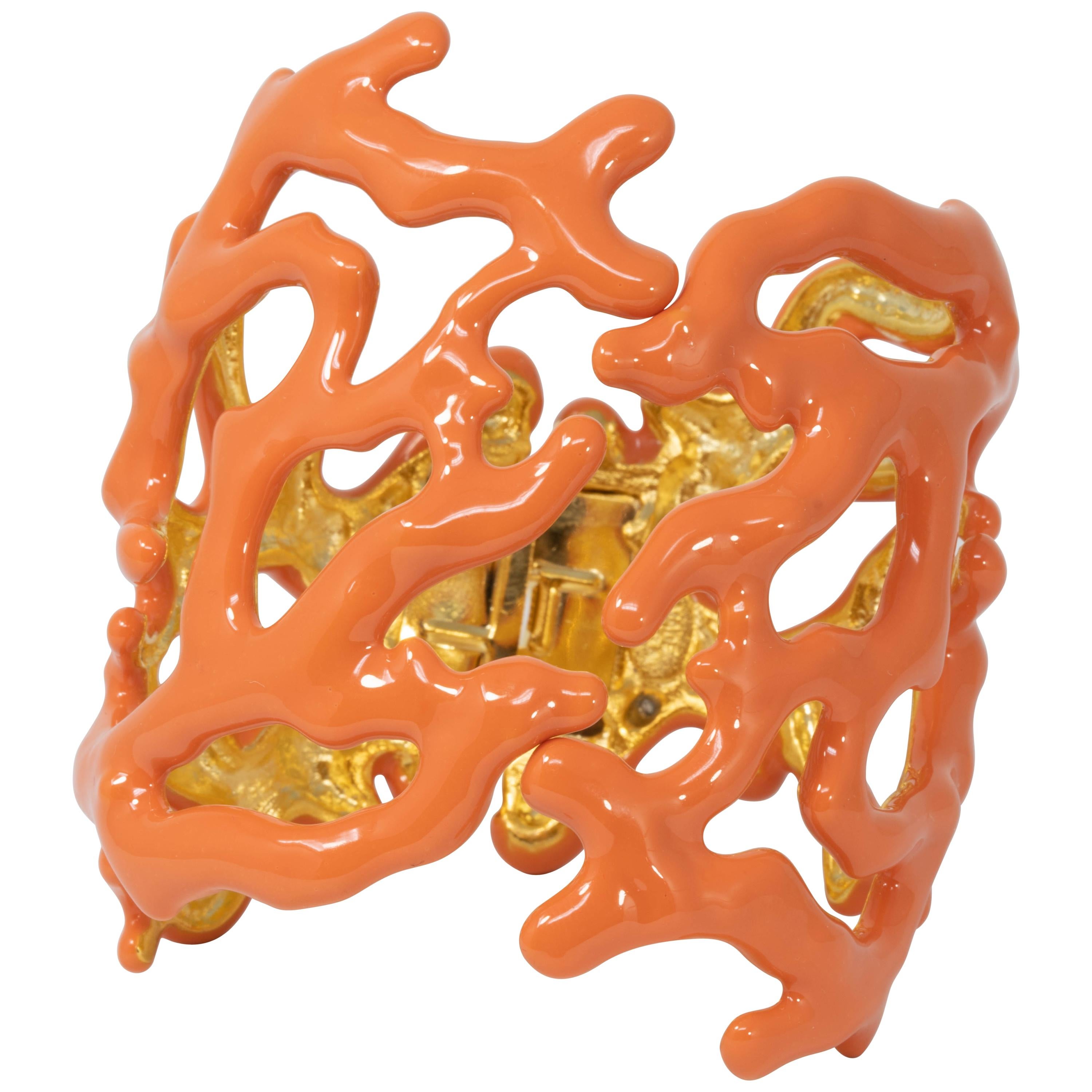 KJL Kenneth Jay Lane Gold Coral Branch Enamel Soft Orange Cuff Bracelet