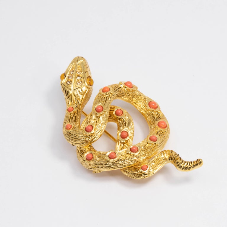KJL Kenneth Jay Lane Crystal Gold Snake Pin with Coral Cabochons at 1stDibs