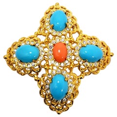 KJL Kenneth Jay Lane Crystal Turquoise and Coral Cabochon Pin Brooch