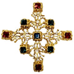 KJL Kenneth Jay Lane Embellished Art Deco Jeweled Pin Brooch in Gold
