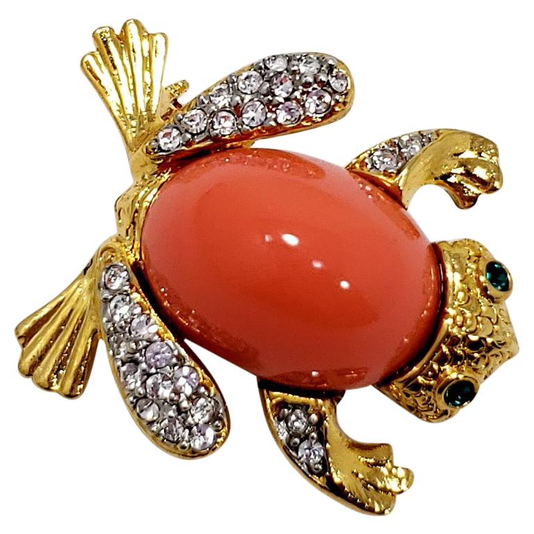 KJL Kenneth Jay Lane Embellished Coral Cabochon Frog Pin Brooch in Gold For Sale