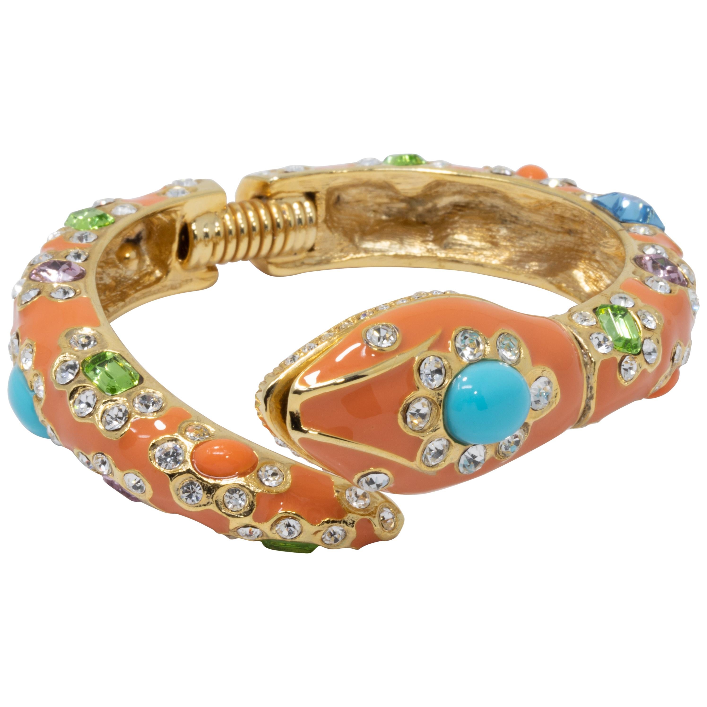 KJL Kenneth Jay Lane Embellished Crystal and Coral Enamel Snake in Cuff Bracelet