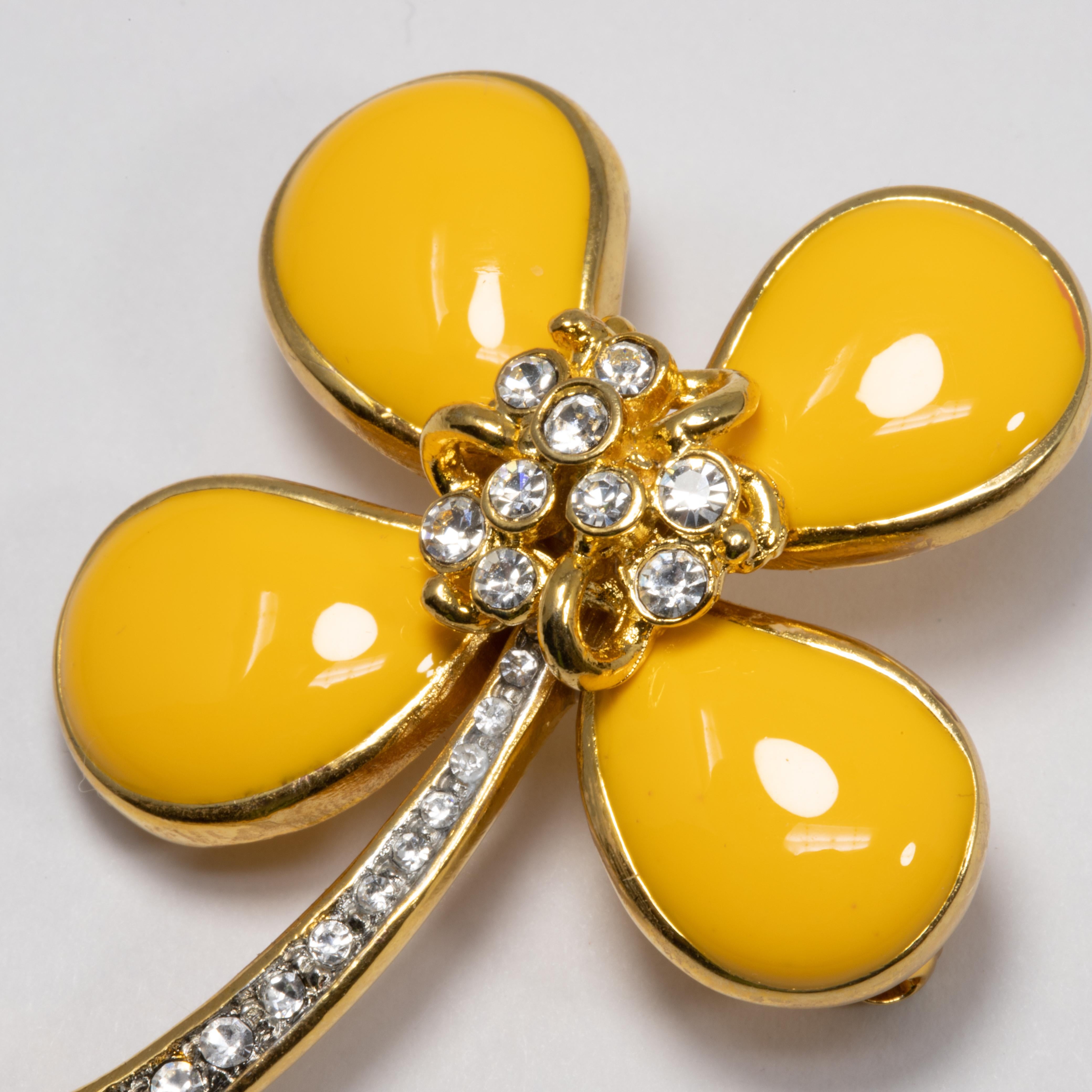 KJL Kenneth Jay Lane Embellished Flower Pin Brooch Yellow Resin Petals, Crystals In New Condition In Milford, DE