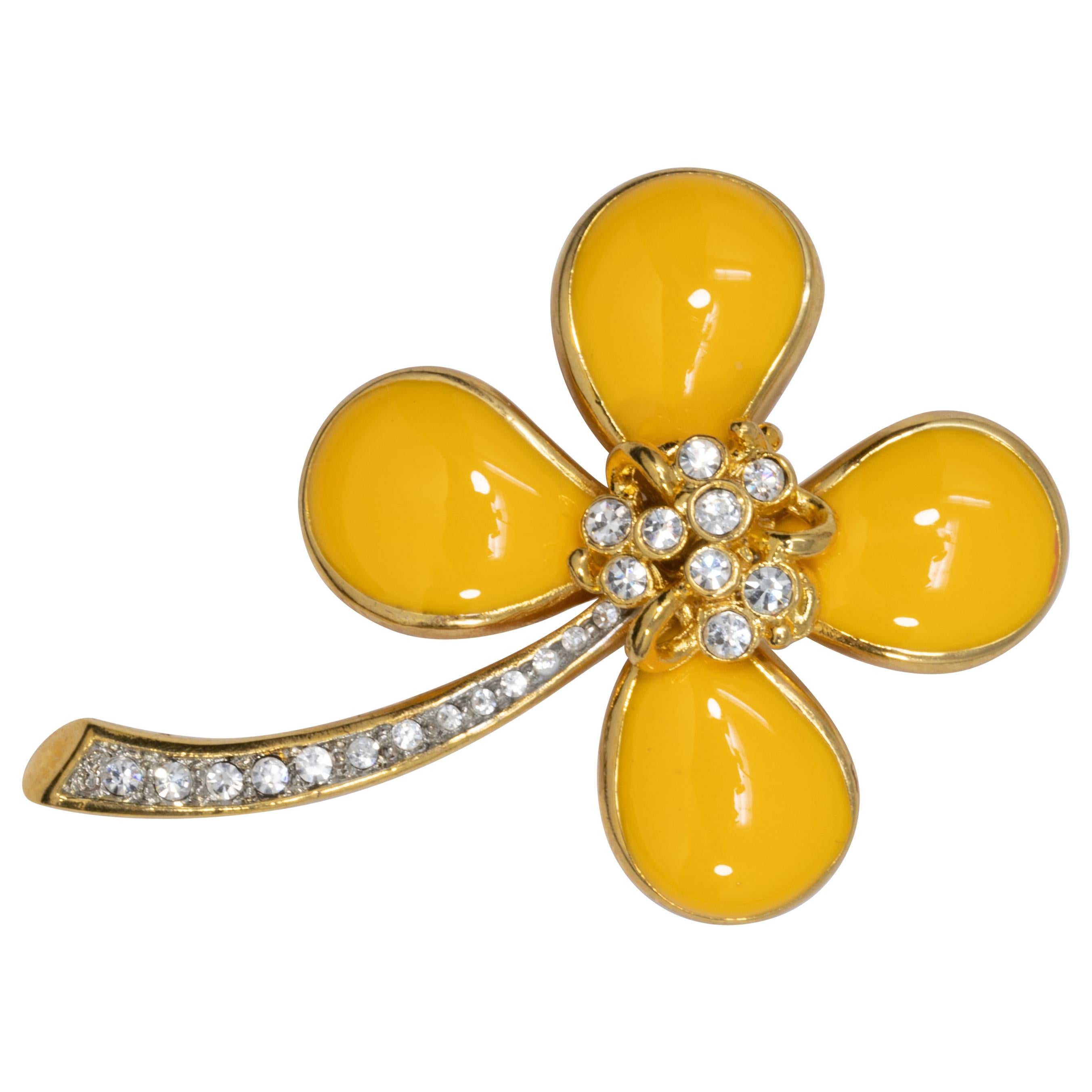 KJL Kenneth Jay Lane Embellished Flower Pin Brooch Yellow Resin Petals, Crystals